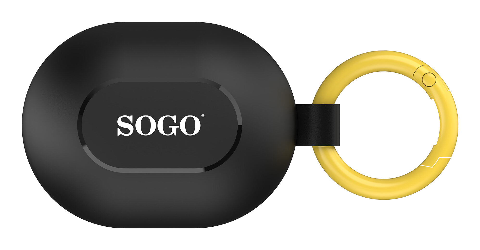 Dispositivo SOGO nero, ovale, con anello giallo. L'anello è collegato al dispositivo tramite una striscia nera. Sfondo bianco.