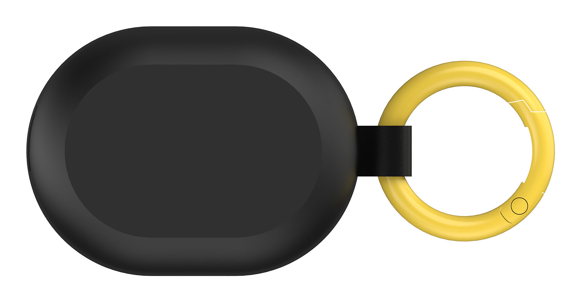Un oggetto nero di forma ovale collegato a un anello giallo con un cinturino nero. L'anello ha una chiusura.