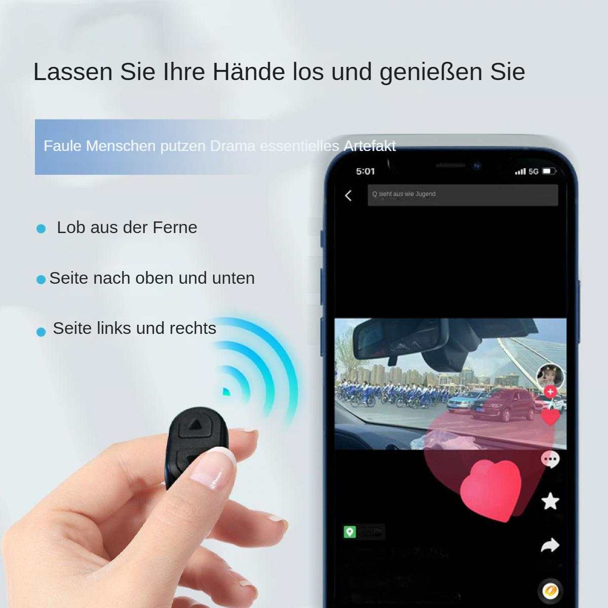 Eine Hand hält eine Fernbedienung. Ein Telefon zeigt ein Video mit einem Auto und Personen. Text auf Deutsch ist ebenfalls vorhanden.