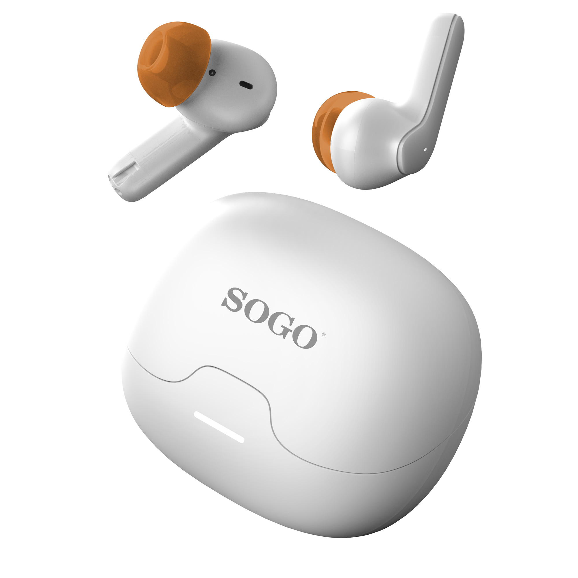 Białe słuchawki SOGO z pomarańczowymi końcówkami i białe etui ładujące. Etui ma logo SOGO.