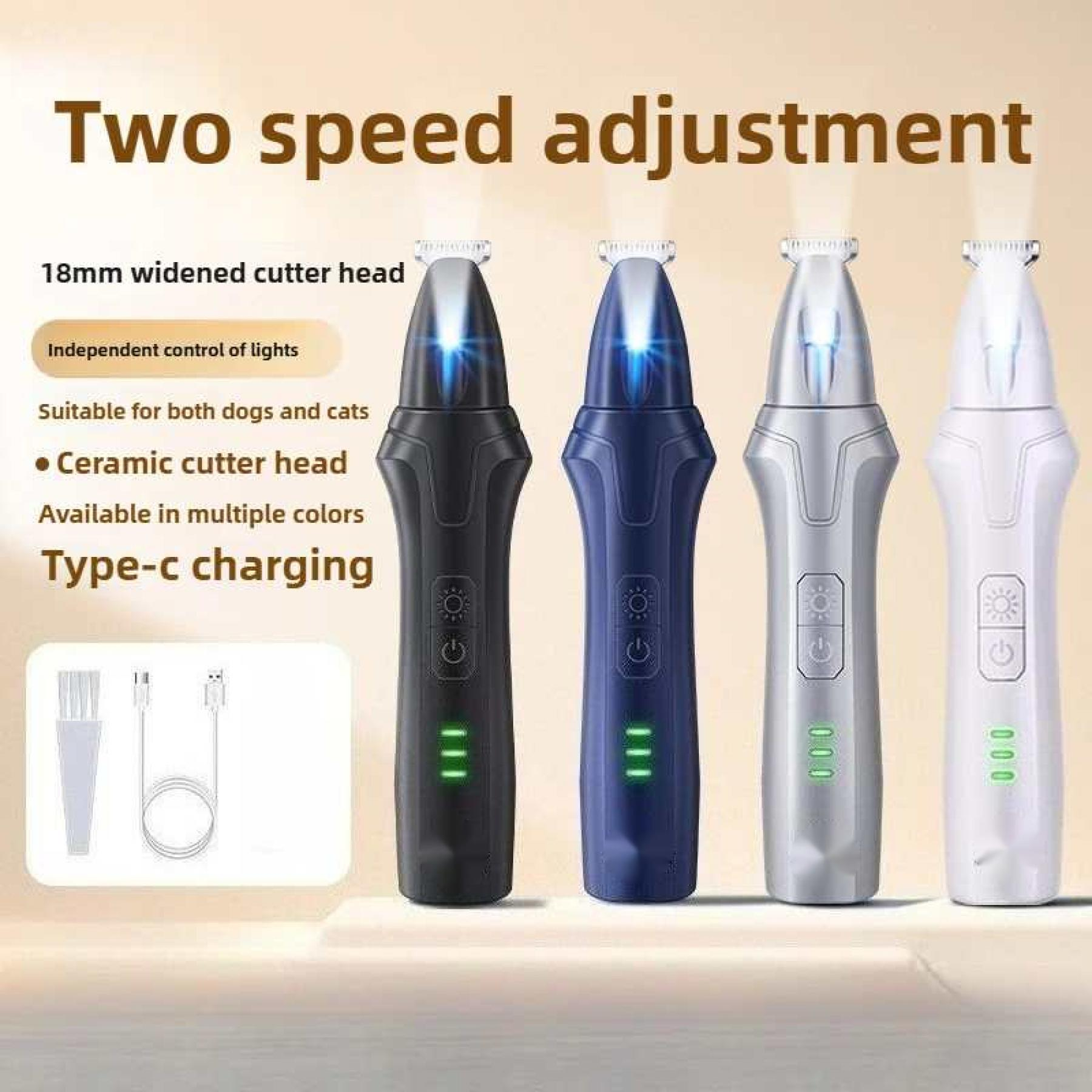 Das Bild zeigt vier elektrische Trimmer in verschiedenen Farben, mit Produktmerkmalen. Text sagt 'Zwei Geschwindigkeitsanpassung'.