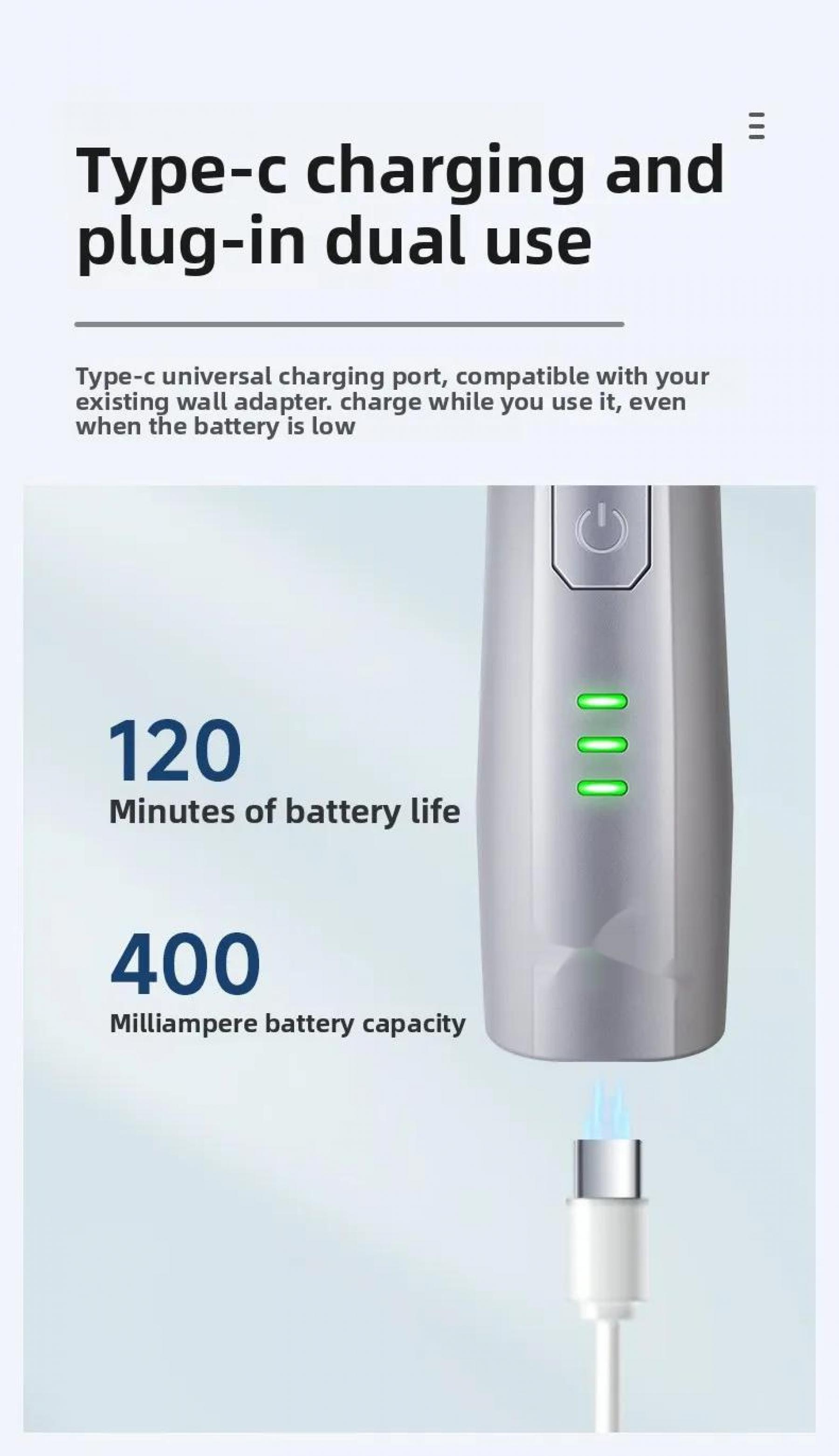 Das Bild zeigt ein Gerät mit Ladeanschluss, beleuchteten Batterieanzeigen und Text über Akkulaufzeit und Kapazität.