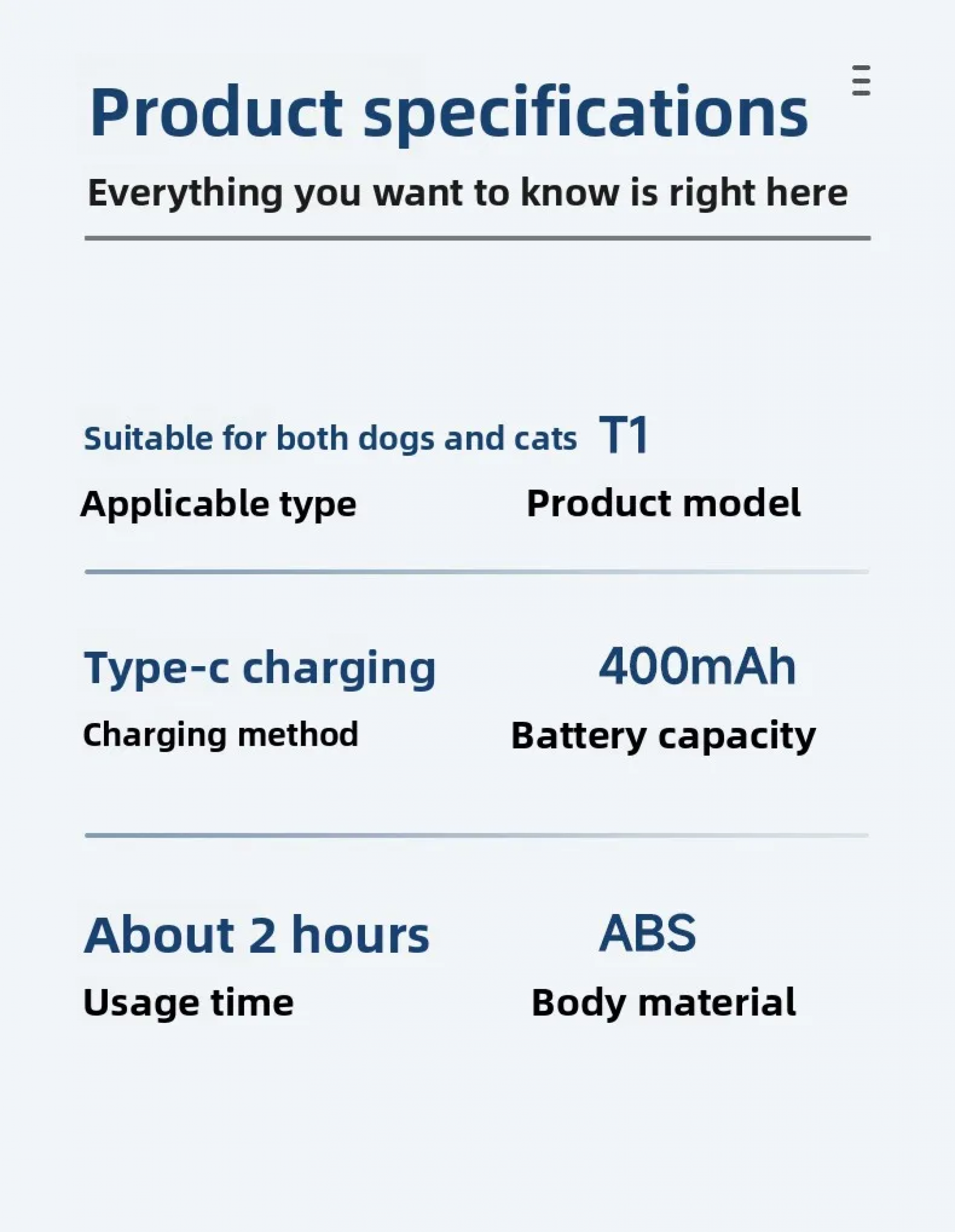 Das Bild zeigt ein Produktspezifikationsblatt. Es listet Produktdetails auf: Modell T1, Lademethode, Batteriekapazität, Nutzungszeit und Gehäusematerial.