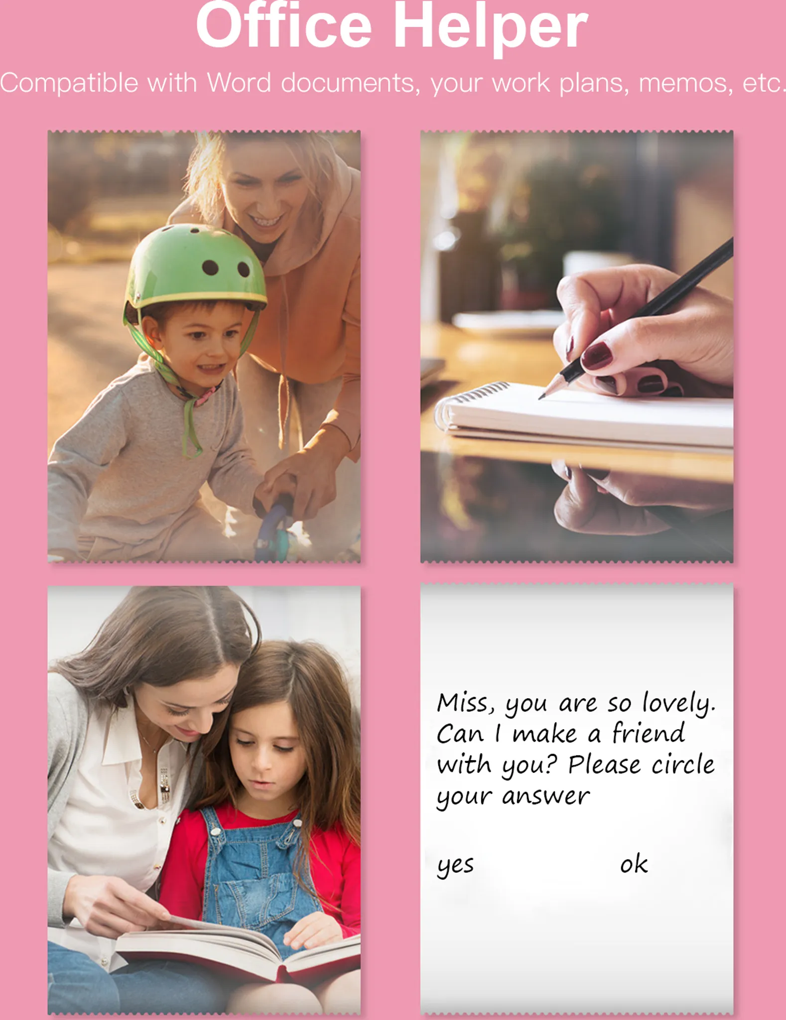 Eine Frau und ein Kind mit Helm. Eine Hand schreibt auf Papier, Mutter und Tochter lesen ein Buch, und eine Frage.