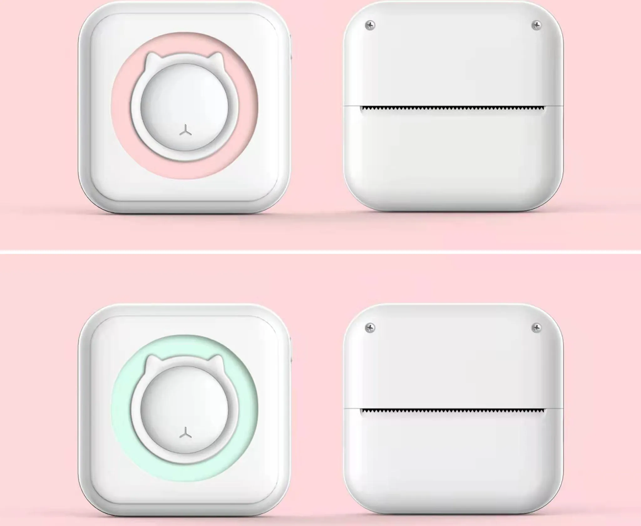 Zwei Paare weißer Drucker. Die linken haben ein Katzengesicht-Design und die rechten sind schlicht. Rosa Hintergrund.