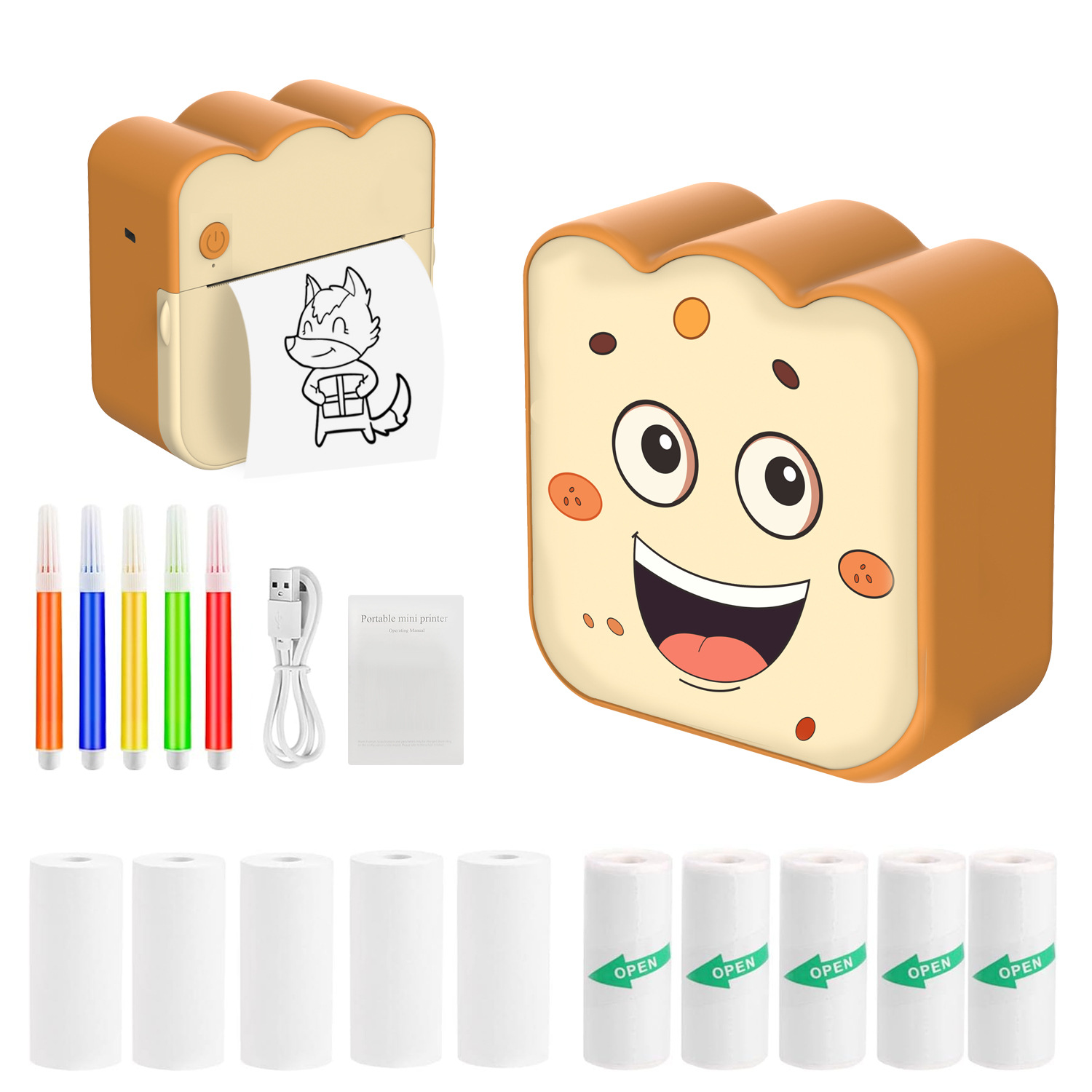 Ein brotförmiger Mini-Drucker mit einem lächelnden Gesicht und einem Ausdruck eines Cartoon-Fuchses. Außerdem Marker, Papierrollen und ein USB-Kabel.