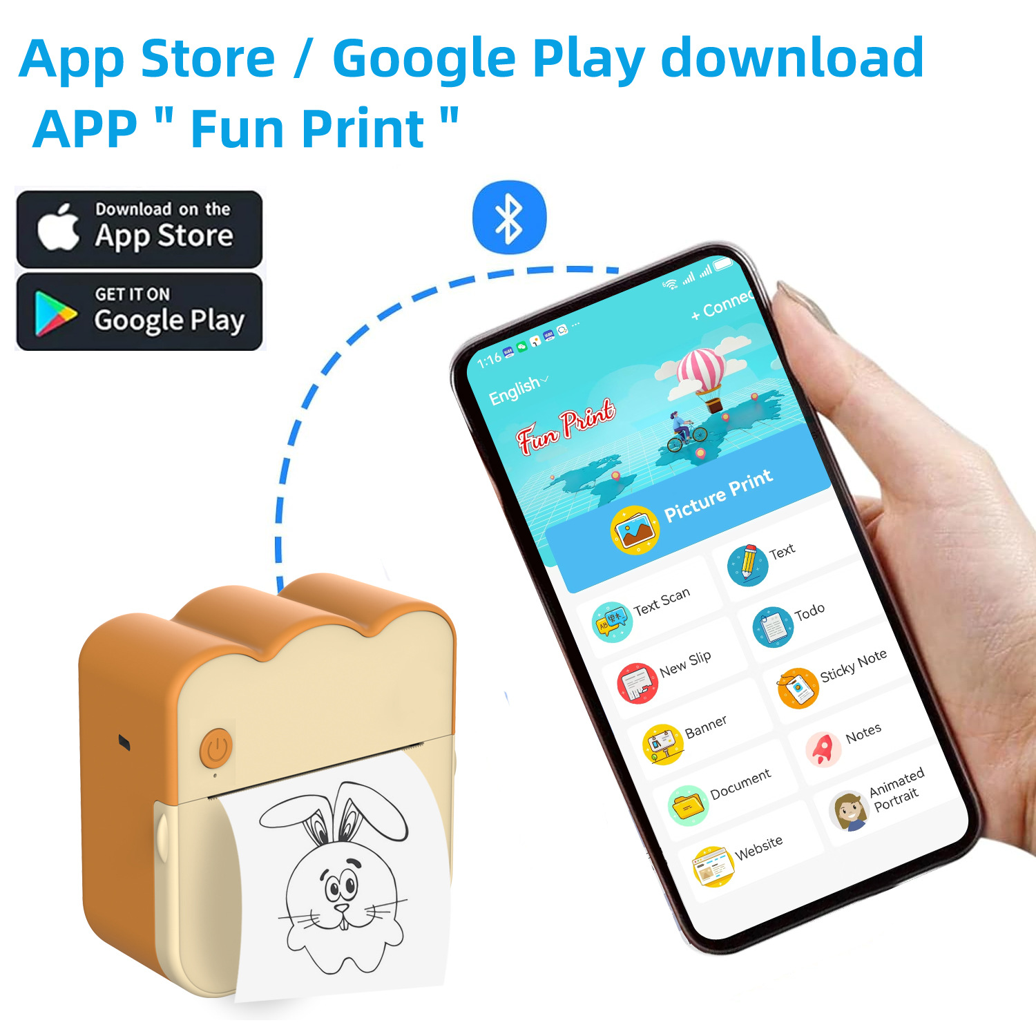 Ein Telefon zeigt die Fun Print App, verbunden mit einem Drucker, der eine Hasenzeichnung druckt. App-Download-Links gezeigt.