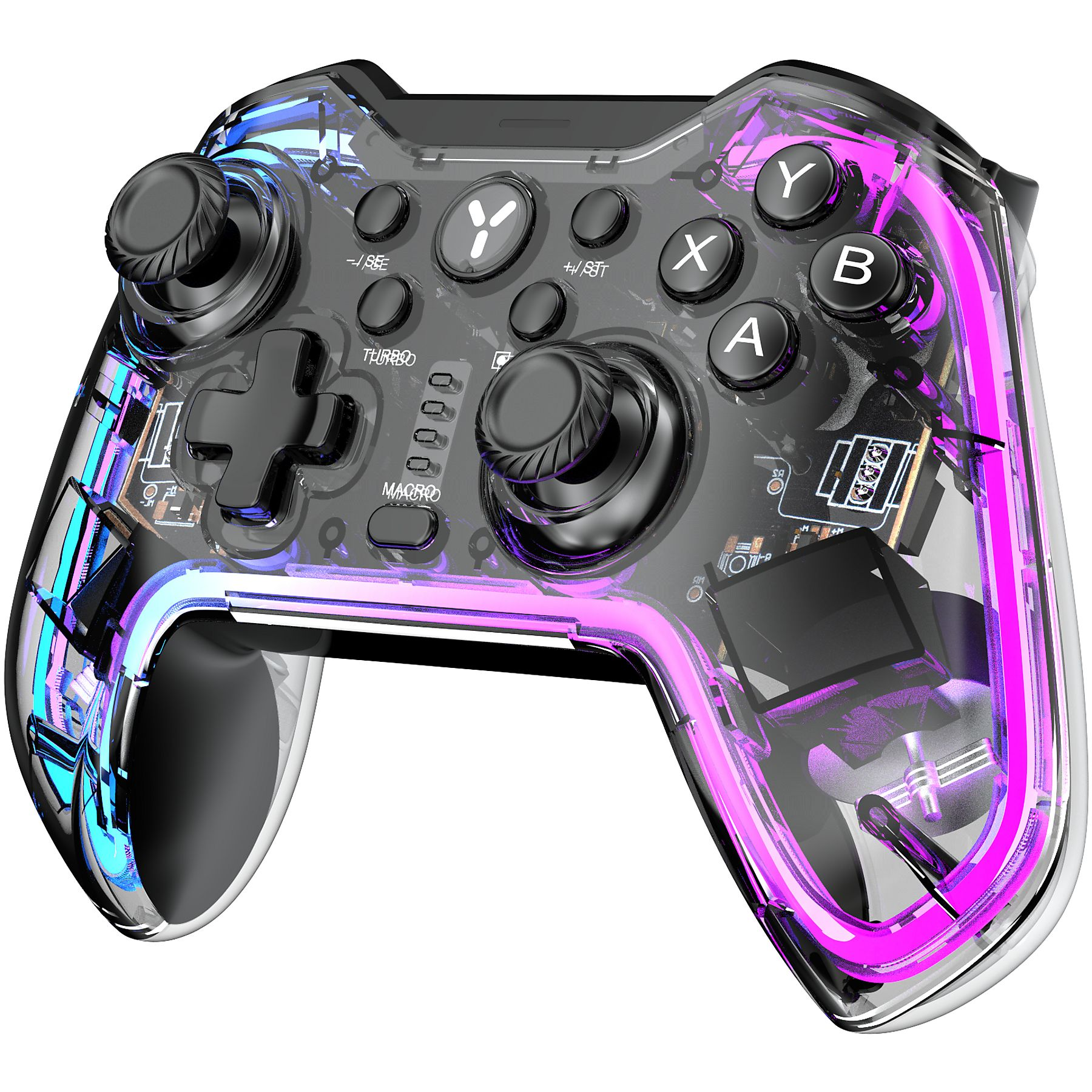 Ein transparenter Gamecontroller mit leuchtenden rosa und blauen Lichtern. Knöpfe sind mit Buchstaben und Symbolen beschriftet.
