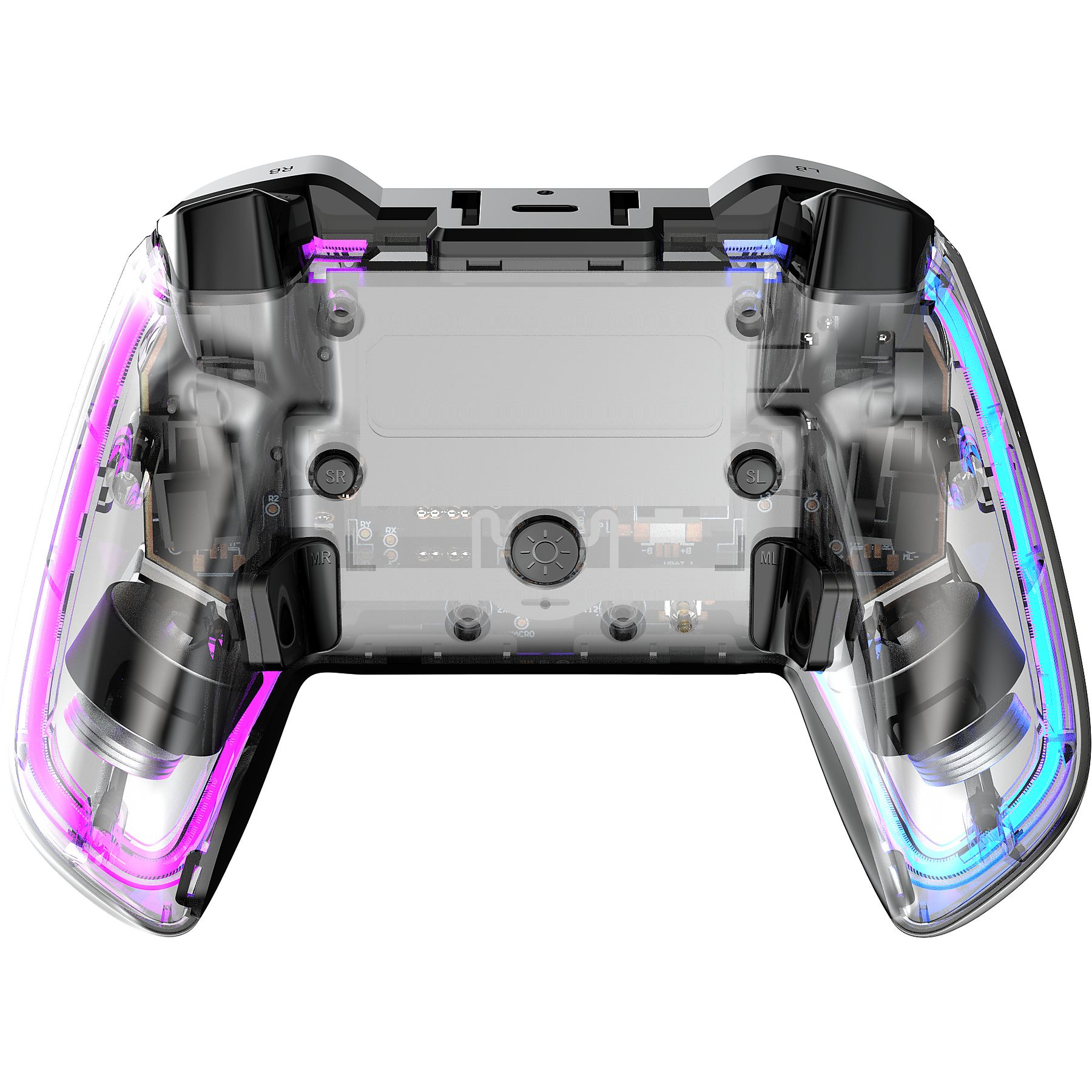 Ein transparenter Gamecontroller, der die internen Komponenten zeigt. Pinke und blaue LED-Leuchten beleuchten die Kanten. Tasten sind sichtbar.