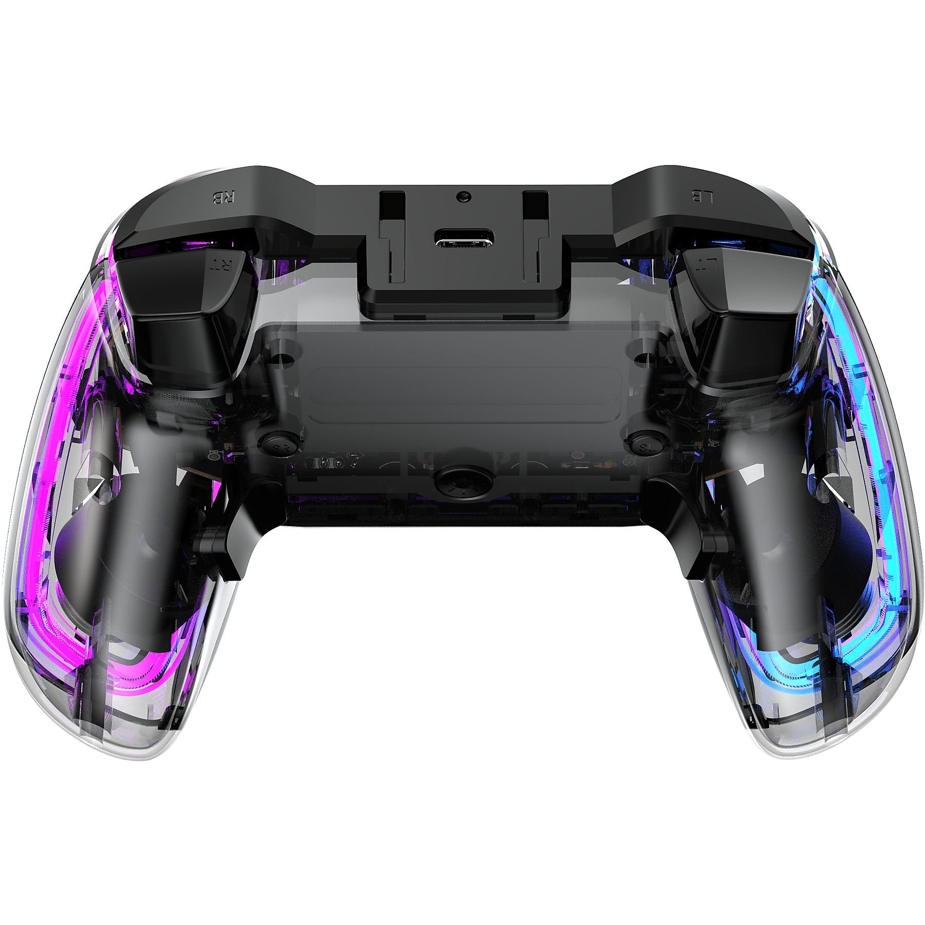 Ein durchsichtiger Gaming-Controller mit rosa und blauer Innenbeleuchtung. Tasten und Auslöser sind sichtbar.