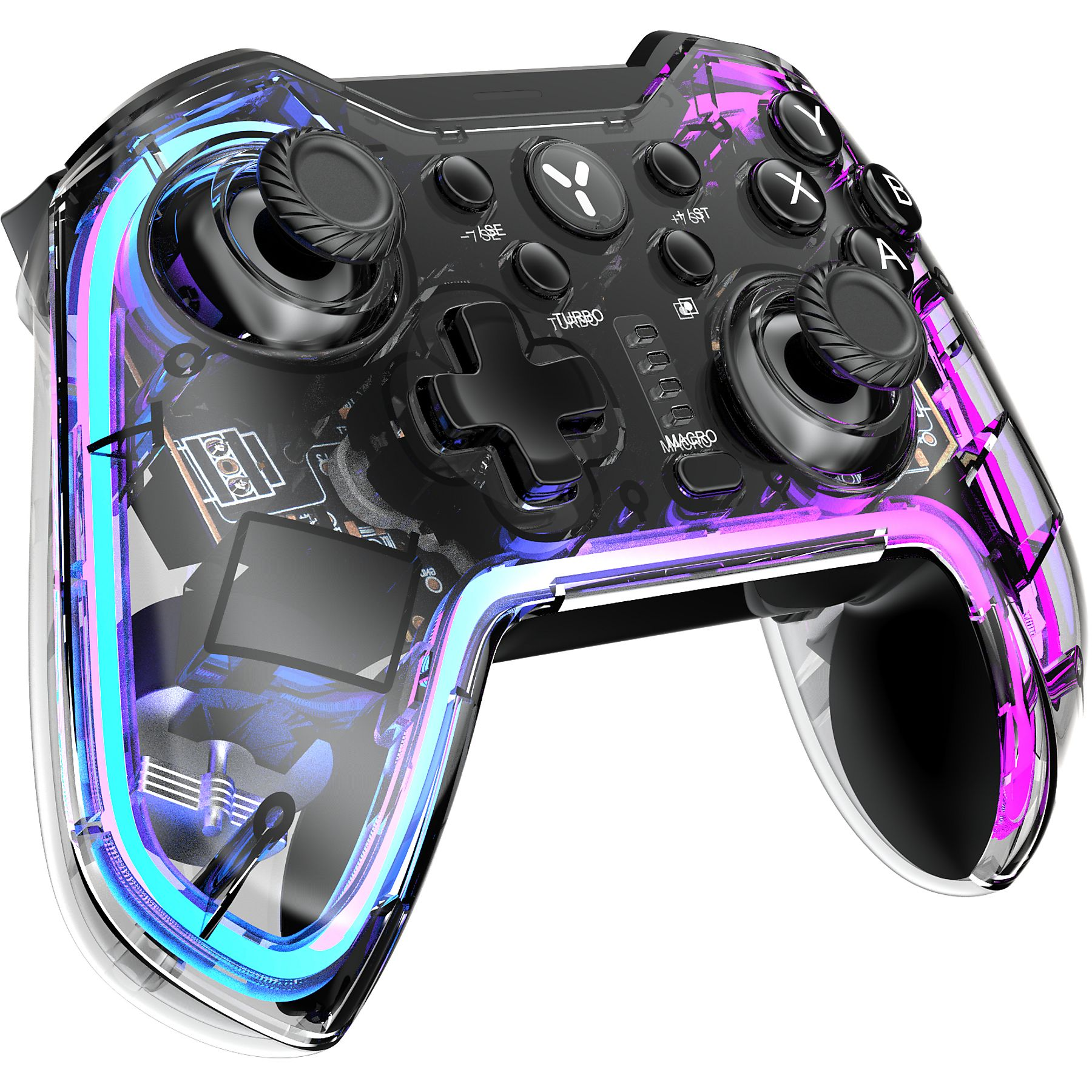 Transparenter Gamecontroller mit sichtbaren Innenteilen. Blaue, rosa und violette Neonverzierungen. Tasten und Joysticks vorhanden.