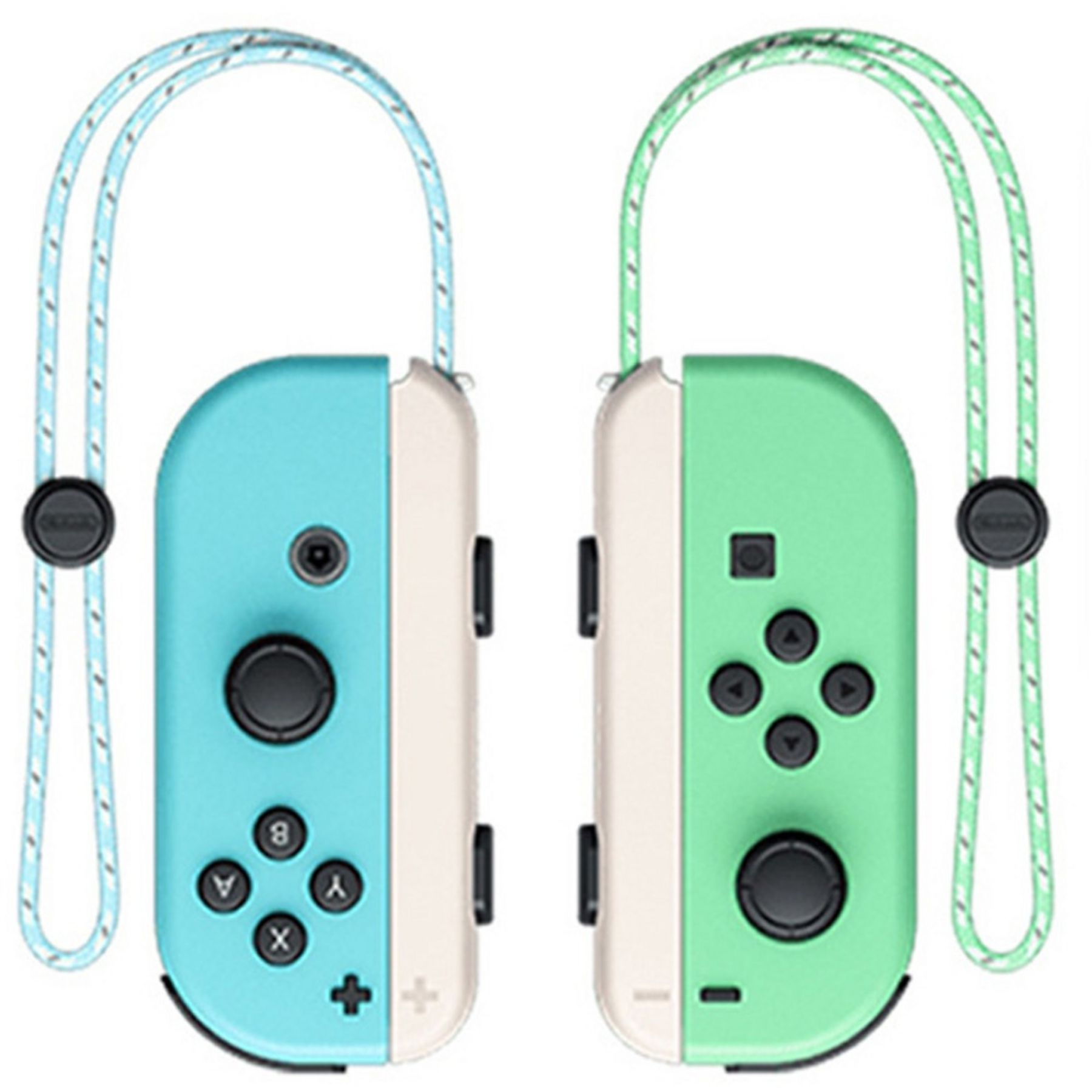 Zwei Nintendo Switch Joy-Con-Controller, einer blau und einer grün, mit passenden Handgelenkschlaufen und schwarzen Knöpfen.