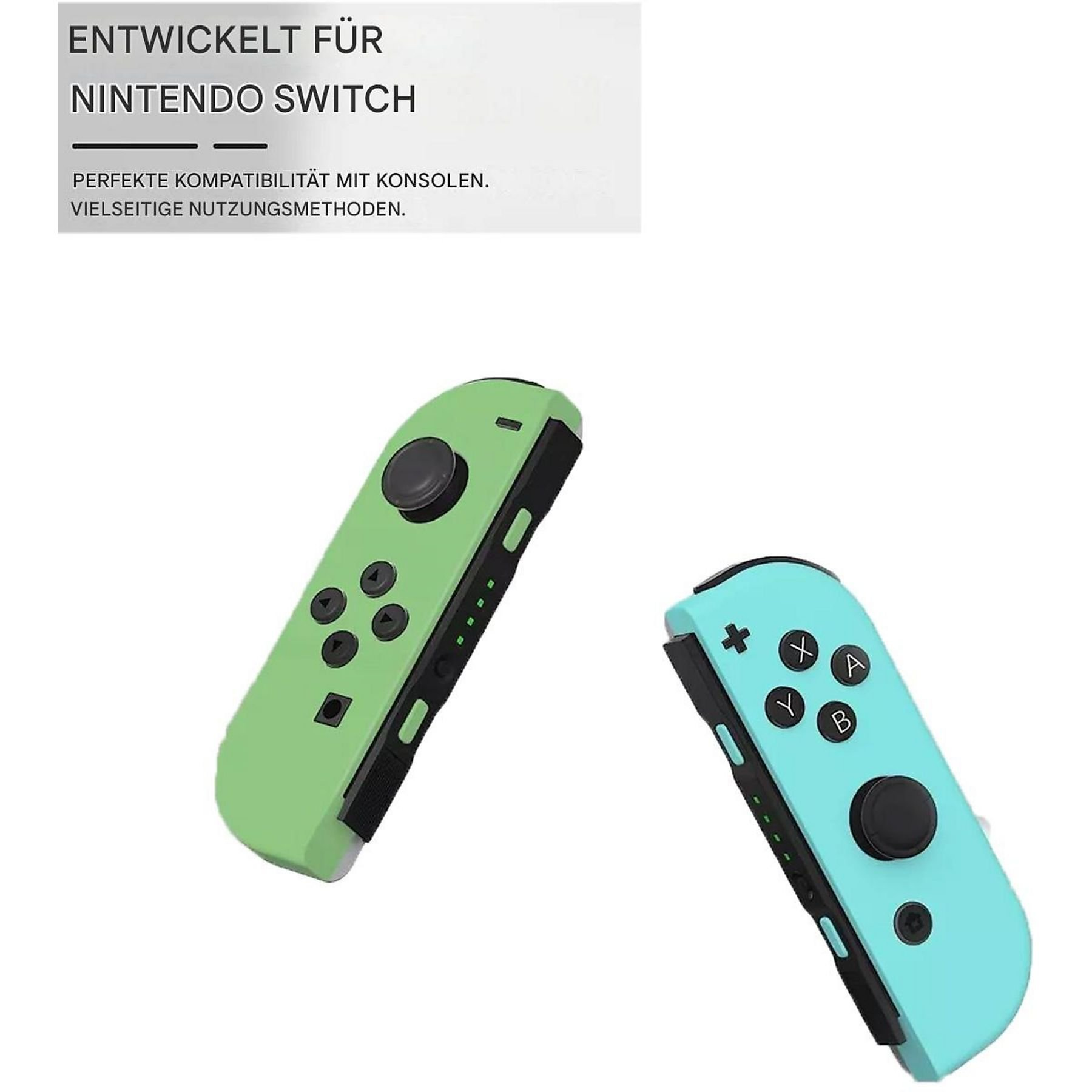 Das Bild zeigt zwei Nintendo Switch Joy-Con-Controller, einen grünen und einen blauen, mit weißem Hintergrund und Text.