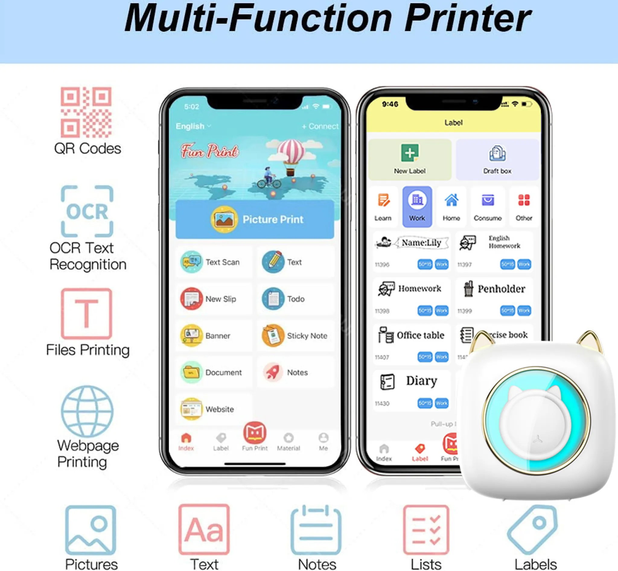 Ein Multifunktionsdrucker mit zwei Handys, die Apps zeigen. Auf der rechten Seite befindet sich ein Etikettendrucker. Symbole und Text sind ebenfalls vorhanden.
