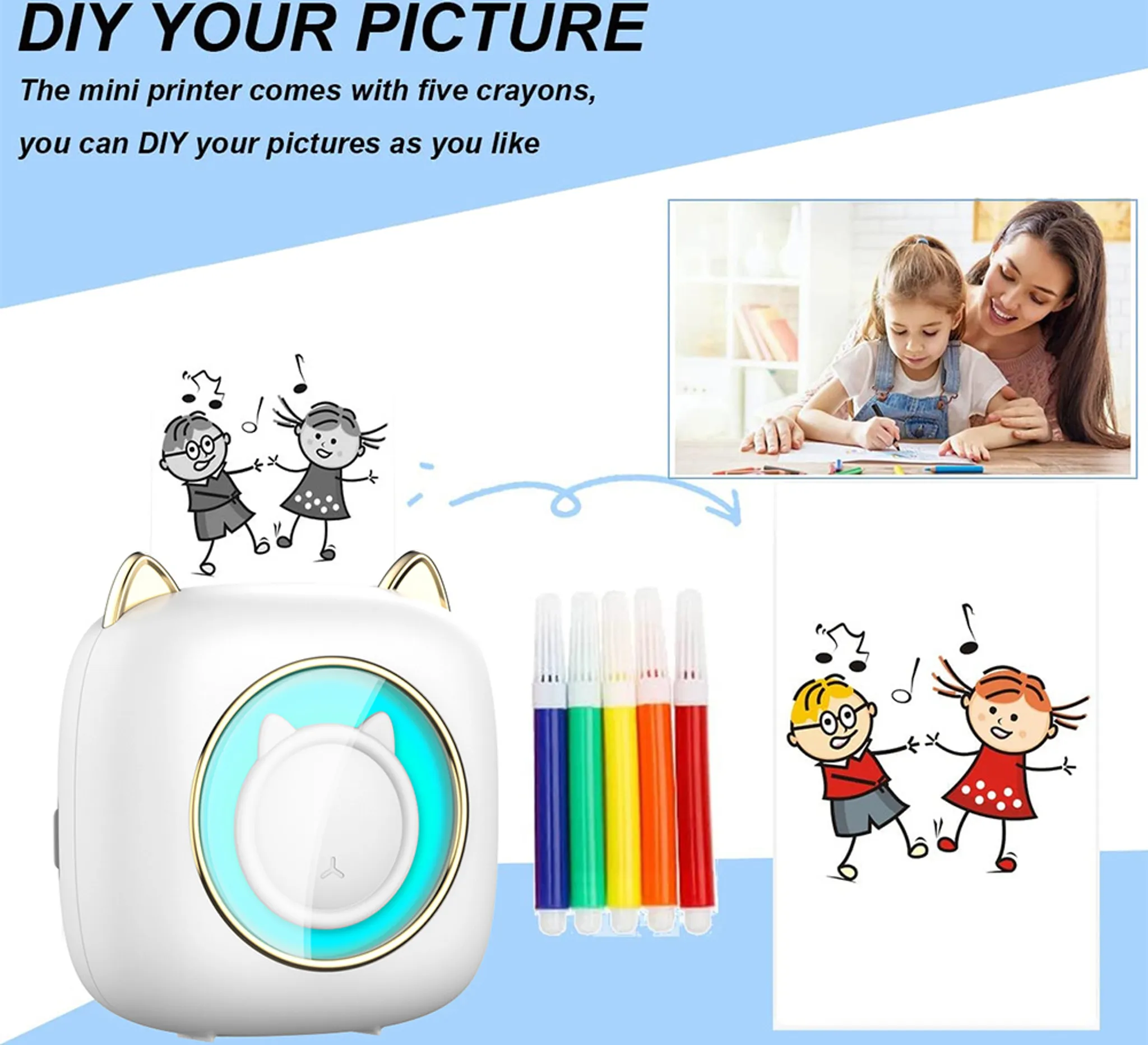 Das Bild zeigt einen DIY-Drucker mit Buntstiften, ein Kind, das mit einem Erwachsenen zeichnet, und tanzende Cartoon-Kinder.