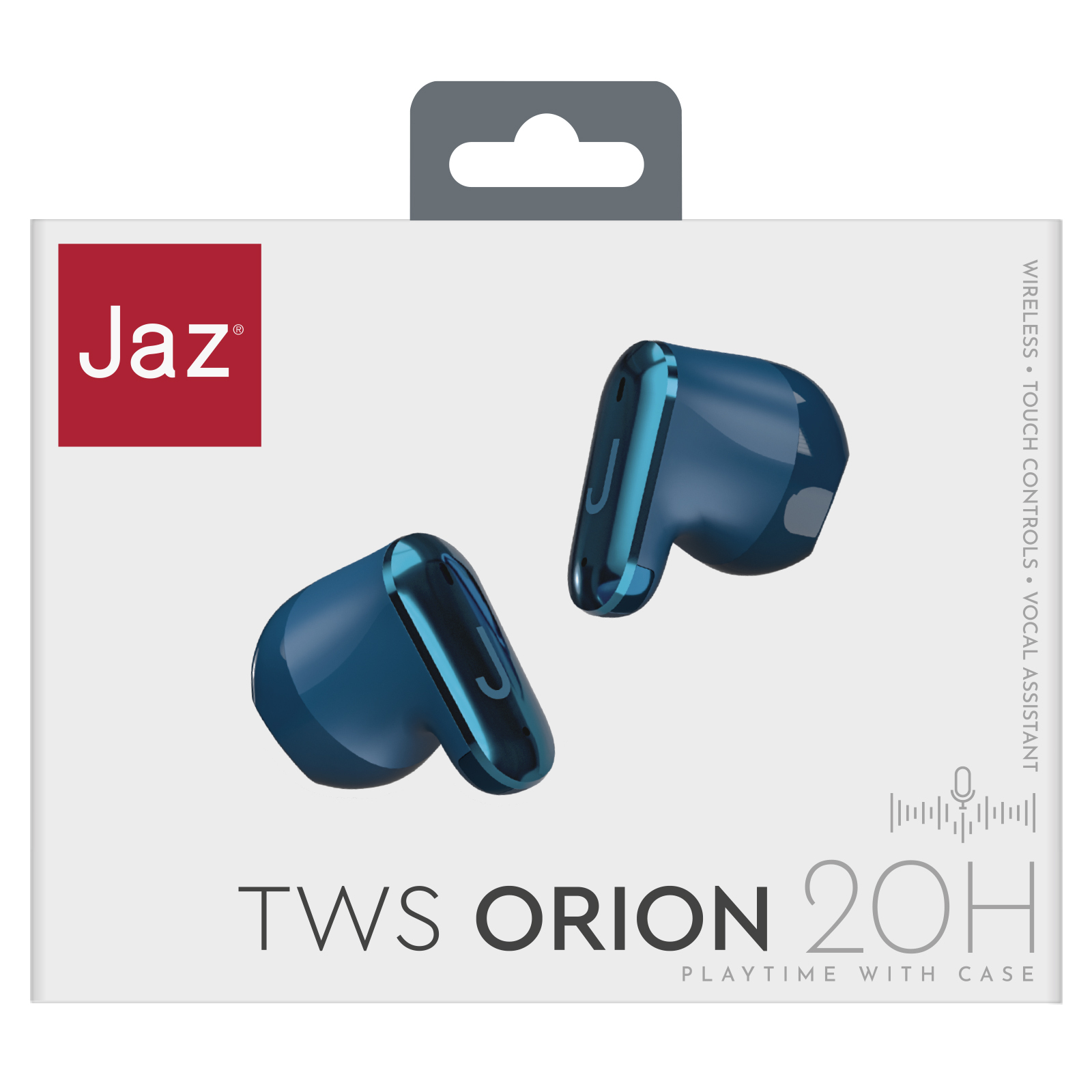 Das Bild zeigt eine Schachtel mit blauen Jaz-Ohrhörern. Auf der Schachtel steht der Markenname Jaz und TWS Orion 20H.