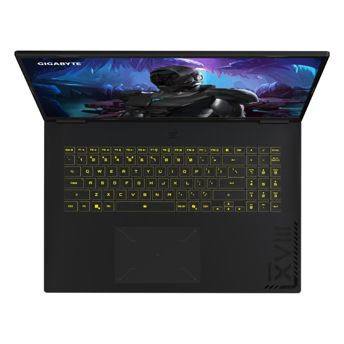 Ein schwarzer Gigabyte Gaming-Laptop ist geöffnet. Der Bildschirm zeigt eine futuristische Szene. Die Tastatur ist mit gelben Tasten beleuchtet.