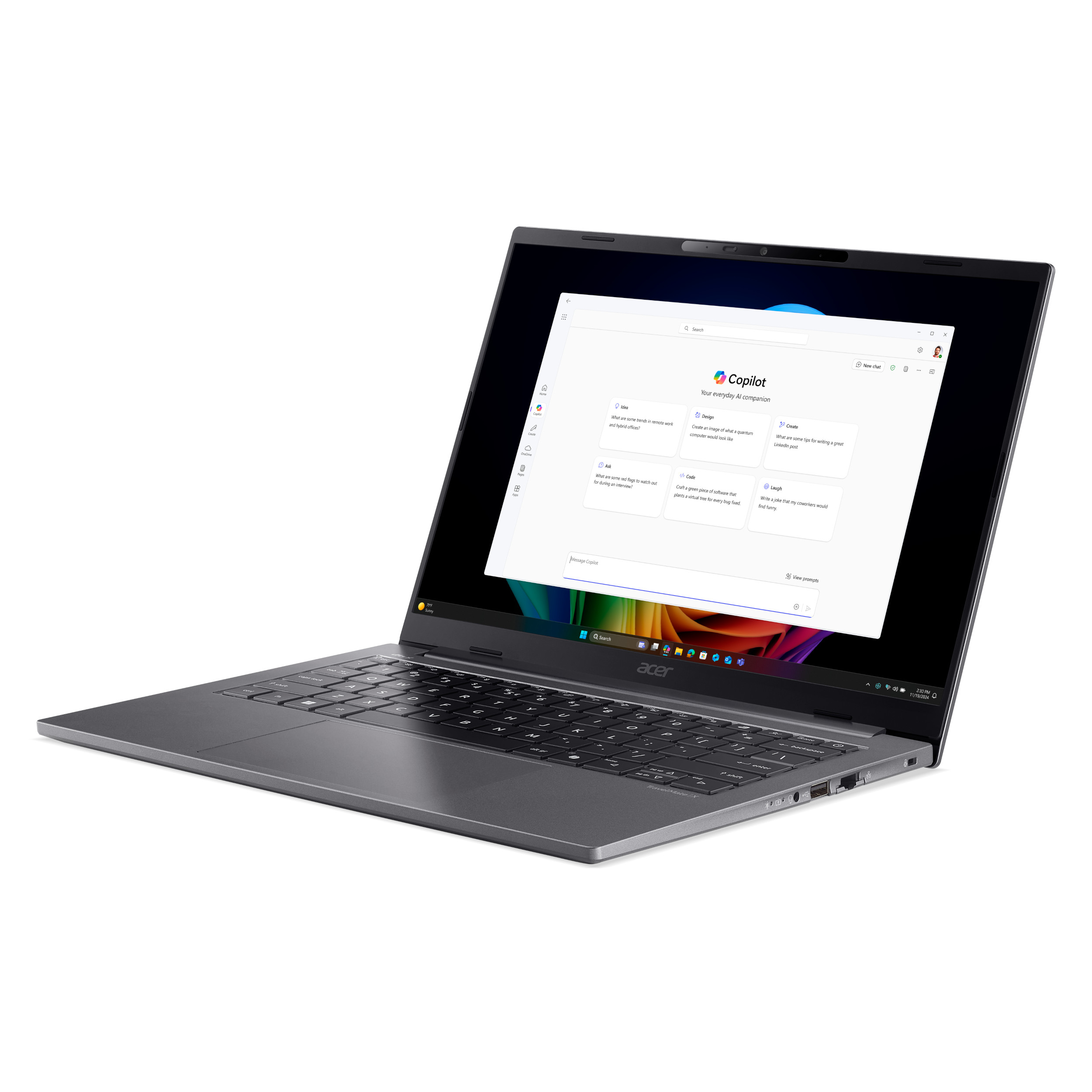 Ein grauer Acer-Laptop ist geöffnet. Ein Bildschirm zeigt Copilot an. Der Hintergrund ist weiß.