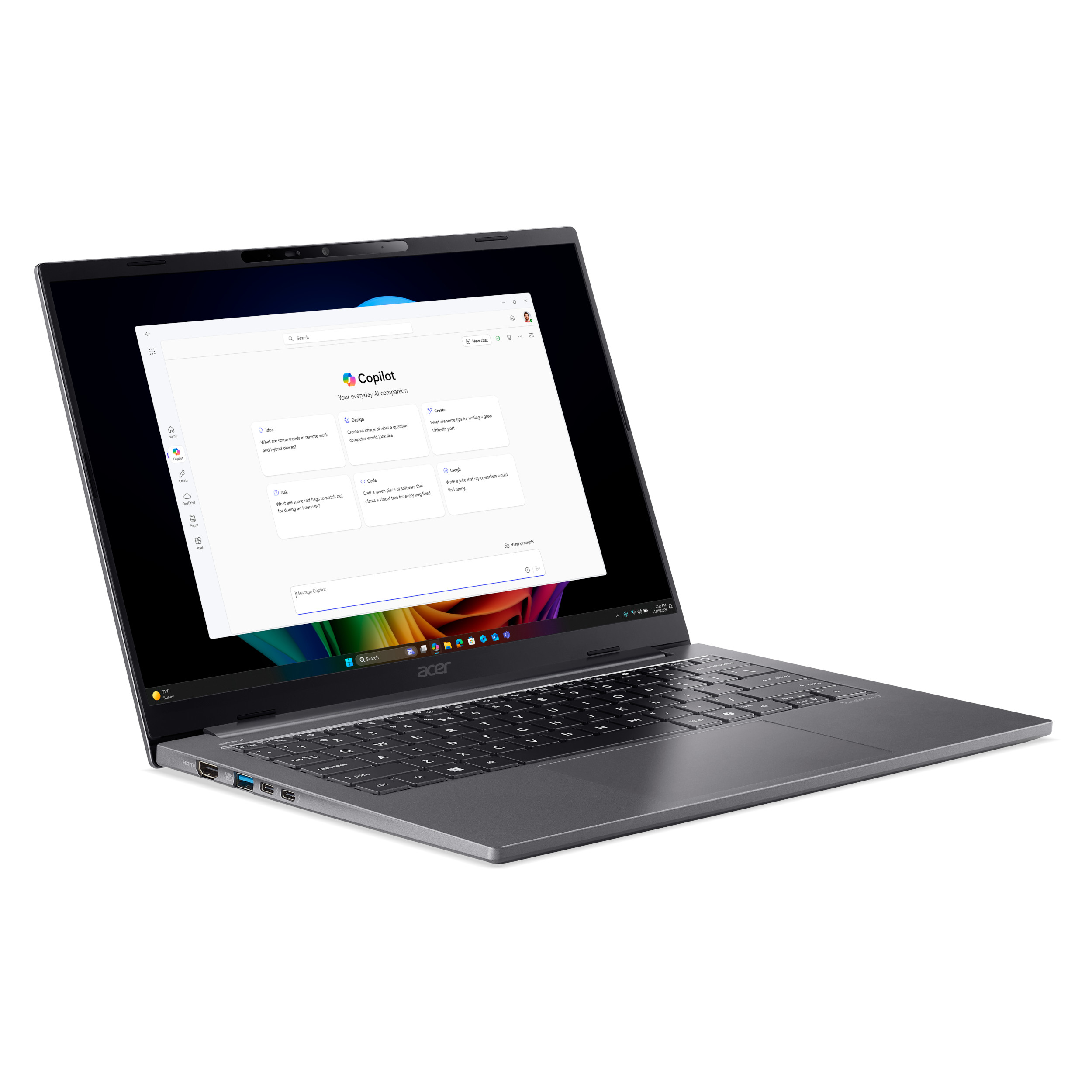 Ein grauer Laptop ist geöffnet und zeigt eine Copilot-Oberfläche. Die Tastatur ist sichtbar, mit dem Acer-Logo darunter.