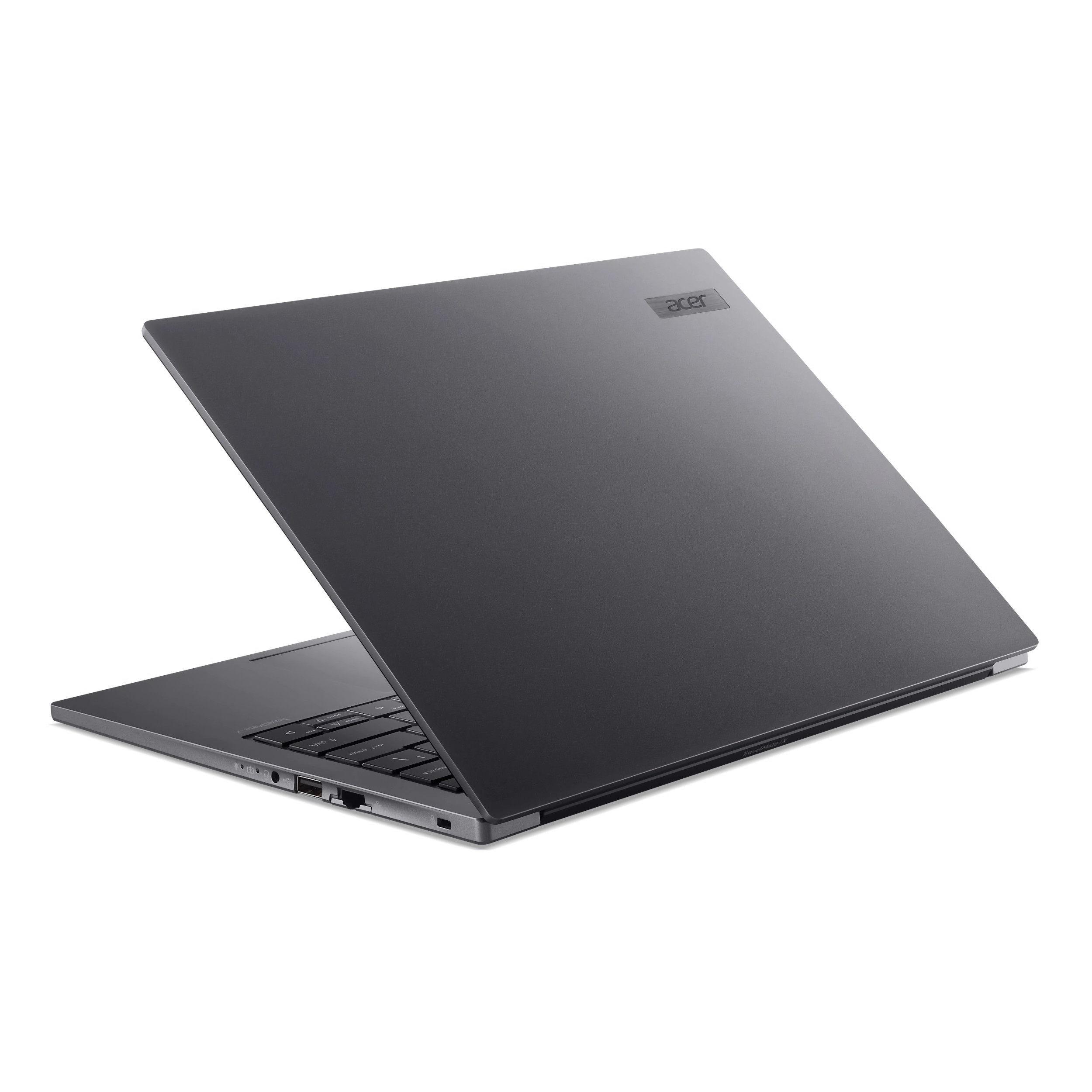 Ein grauer Acer-Laptop ist geöffnet und nach rechts abgewinkelt. Die Tastatur ist sichtbar. Der Hintergrund ist weiß.