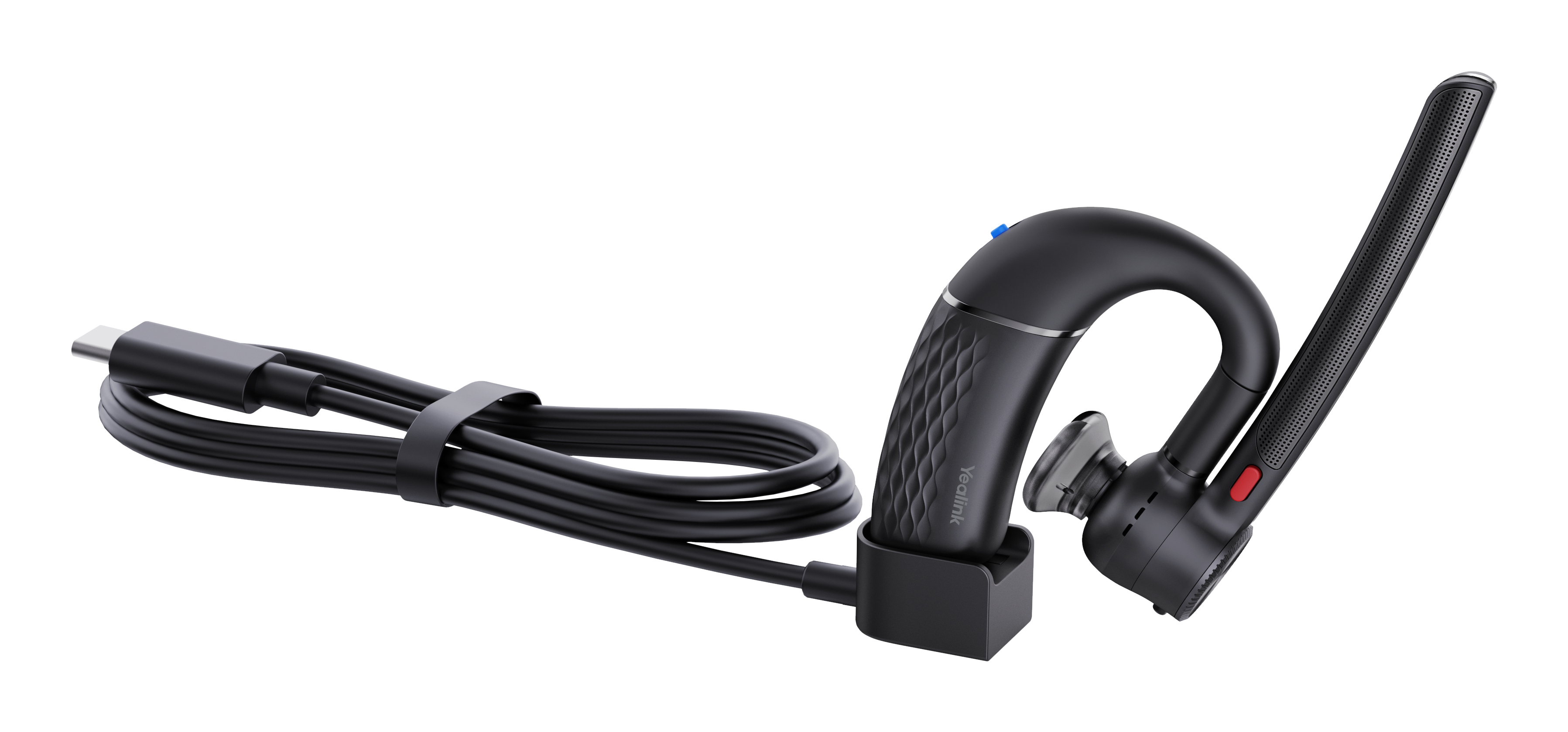 Un auricolare wireless nero con un cavo di ricarica. L'auricolare ha un pulsante blu e un pulsante rosso. Il cavo è avvolto.