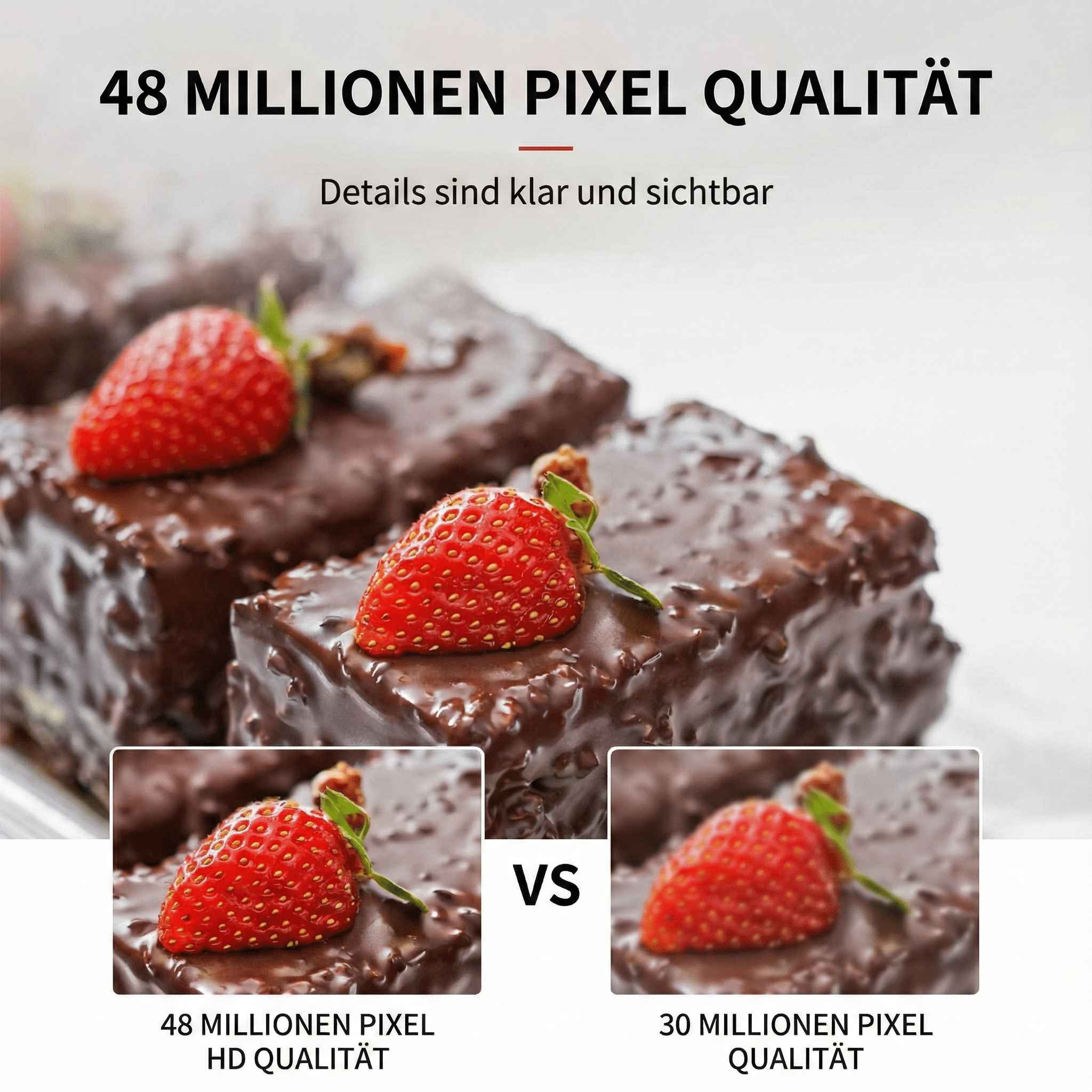 Schokoladenkuchen mit Erdbeeren. Vergleich der Bildqualität: 48 vs. 30 Millionen Pixel. Text: 'Details sind klar und sichtbar'.