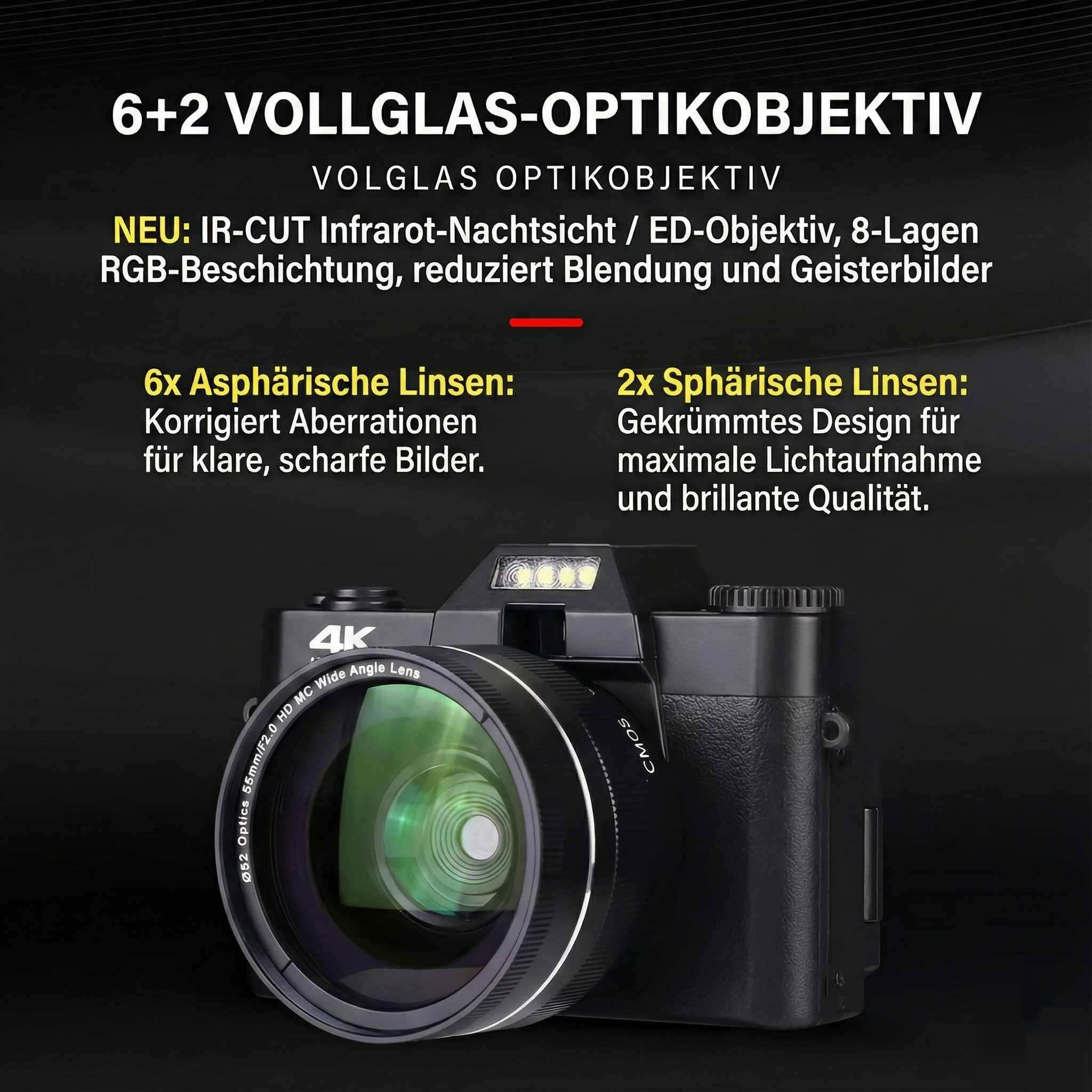 Eine schwarze Kamera mit großem Objektiv. Text beschreibt Objektivfunktionen und '4K'-Auflösung.