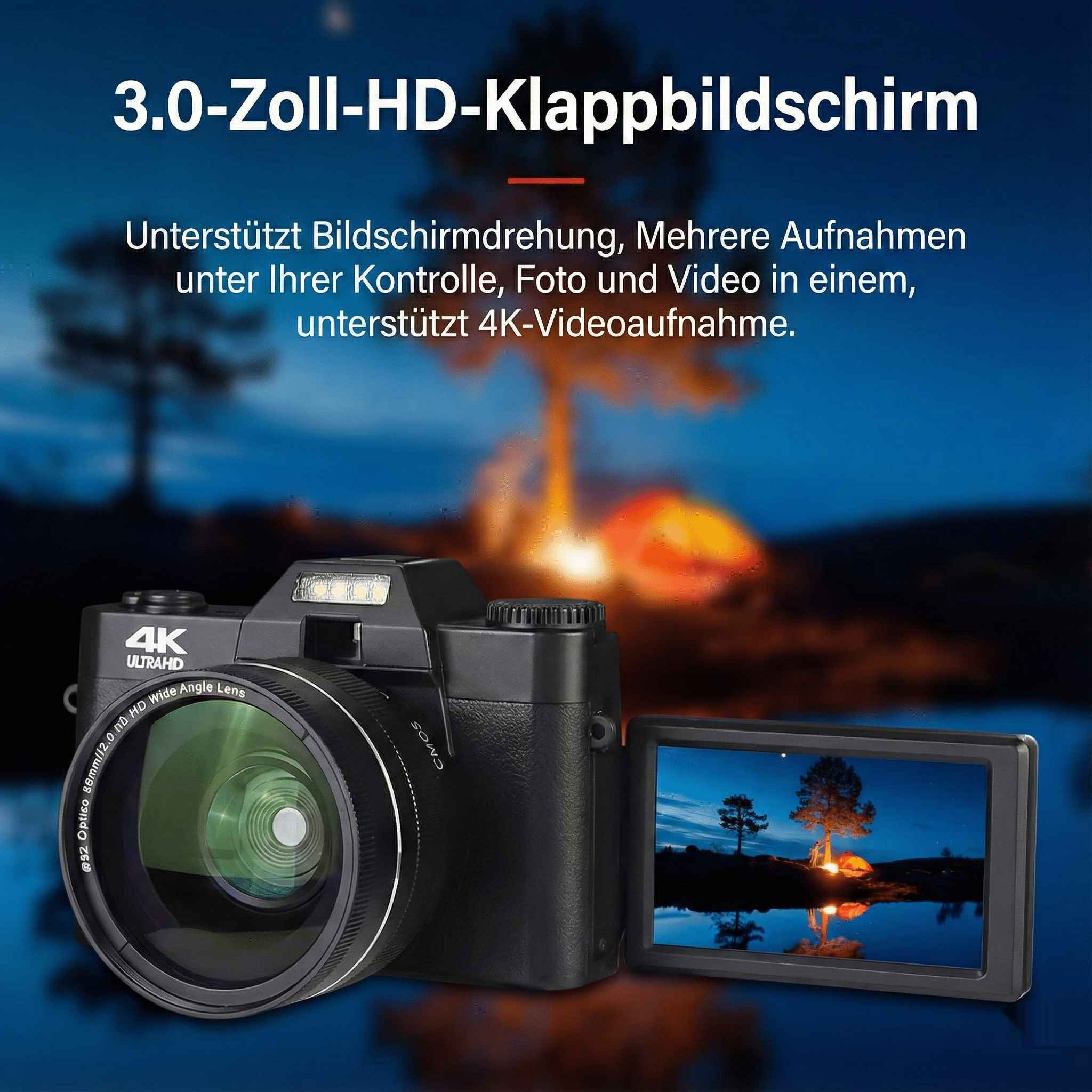 Eine schwarze Kamera mit Bildschirm, der eine Nachtszene zeigt, ein Weitwinkelobjektiv und 4K UHD.