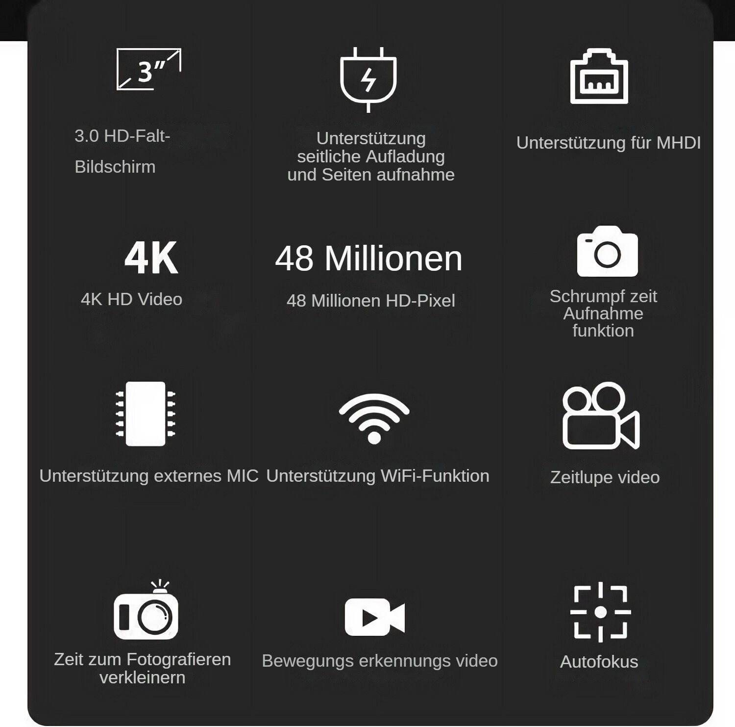 Schwarzer Hintergrund mit weißen Symbolen und Text. Merkmale sind 3" Bildschirm, 4K Video, 48MP, MHDI-Unterstützung, externes MIC, WiFi, Zeitlupe und Autofokus.
