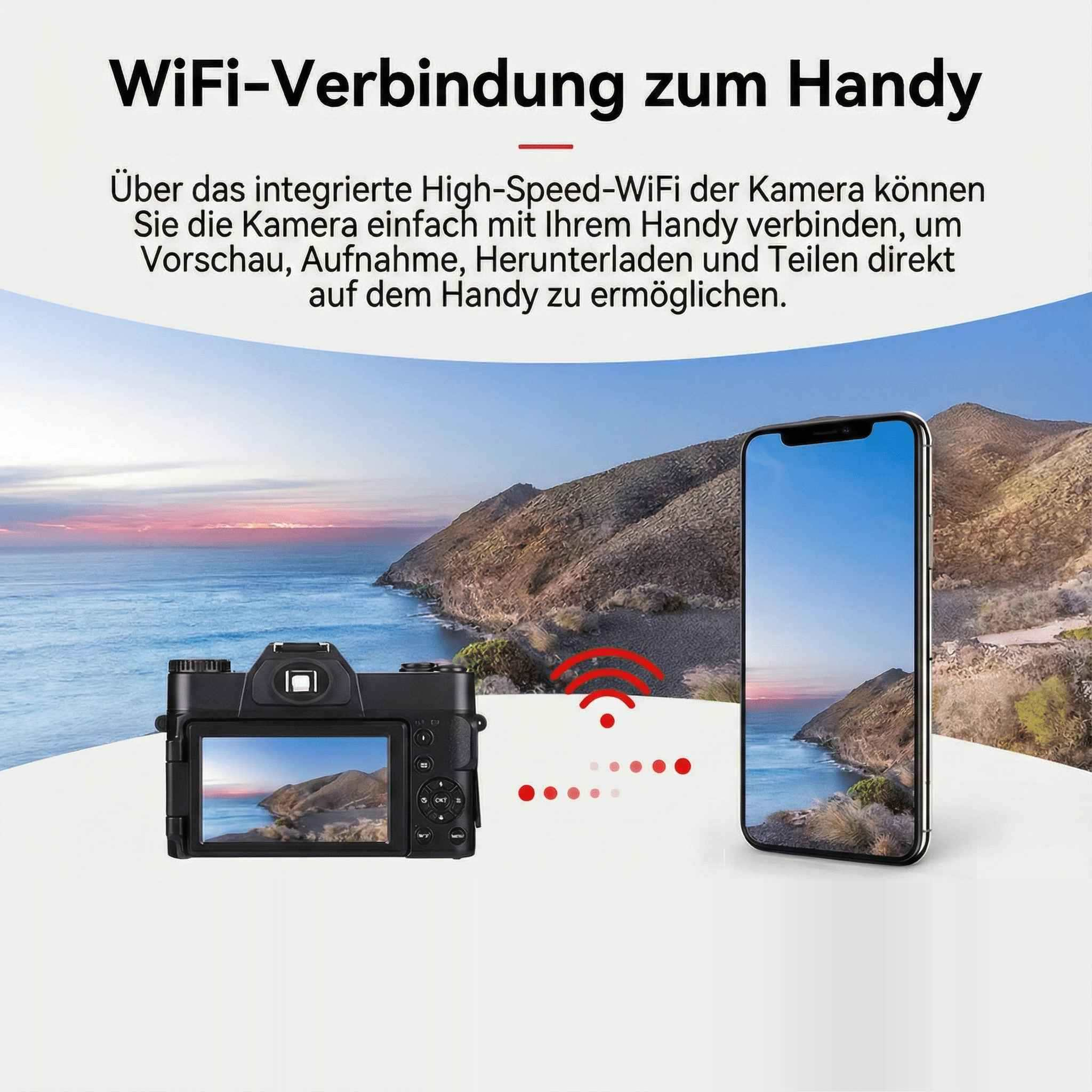 Das Bild zeigt eine Kamera und ein Telefon, die über WLAN verbunden sind. Das Telefon zeigt die Ansicht der Kamera von einem Sonnenuntergang.
