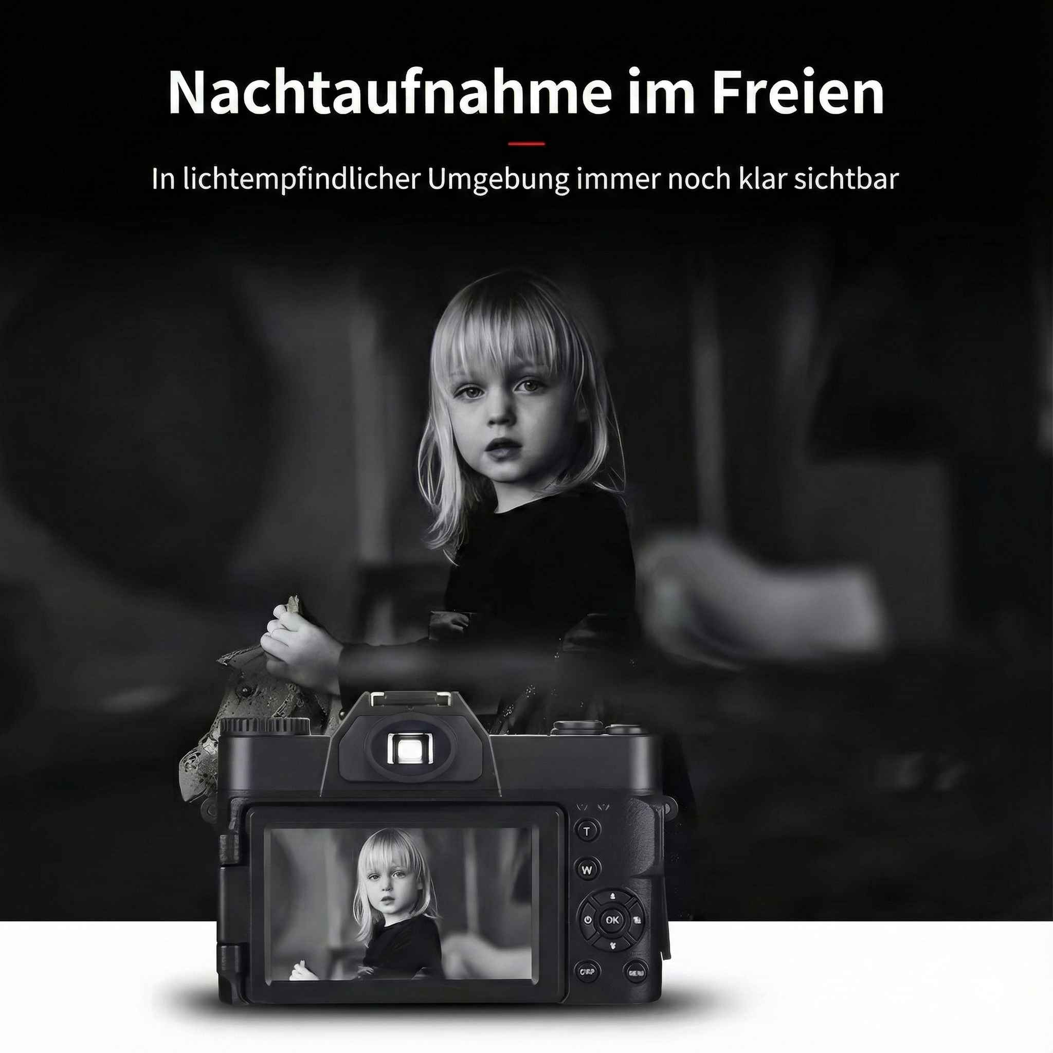 Ein Mädchen spiegelt sich auf dem Kamerabildschirm. Die Kamera befindet sich vor dem Mädchen. Der Hintergrund ist dunkel.
