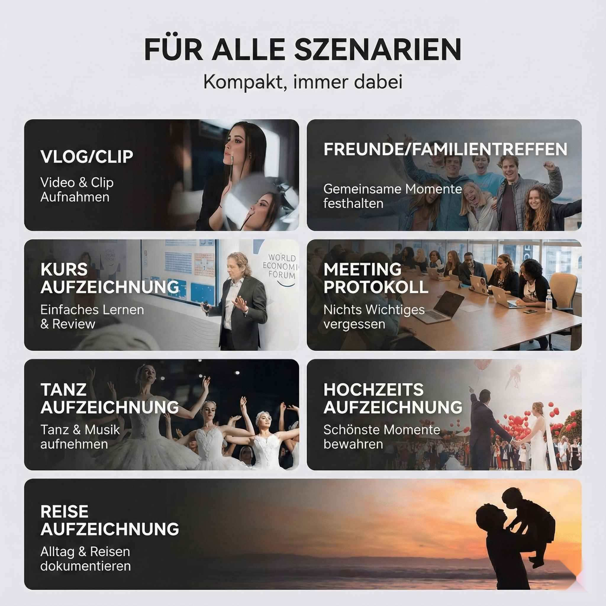 Das Bild zeigt Szenen: Vlogging, Freunde, Kurs, Meeting, Tanz, Hochzeit und Reisen. Jedes mit Textbeschreibungen und Bildern.