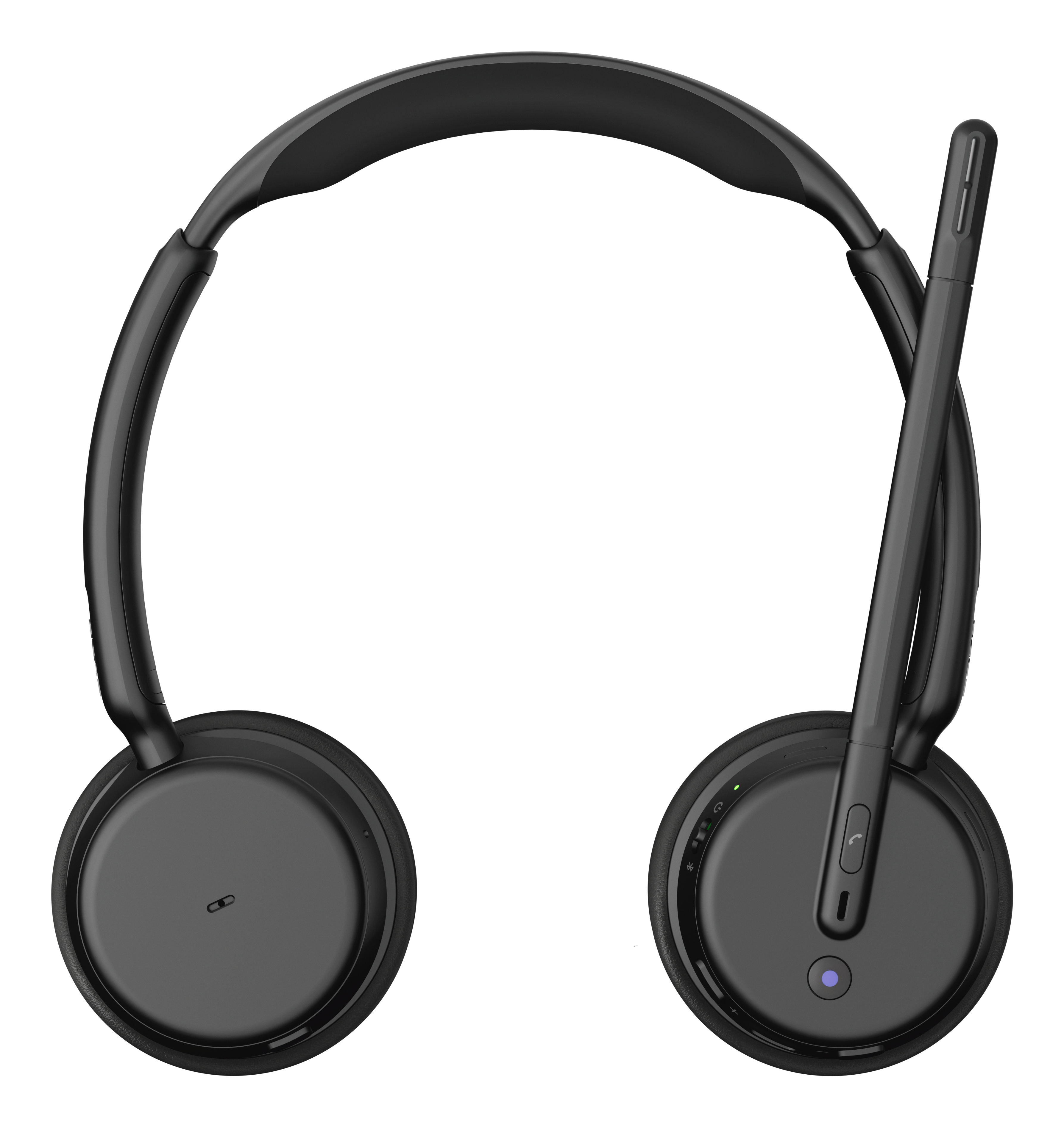 Cuffie nere con microfono e archetto imbottito. I padiglioni sono rotondi e presentano pulsanti.