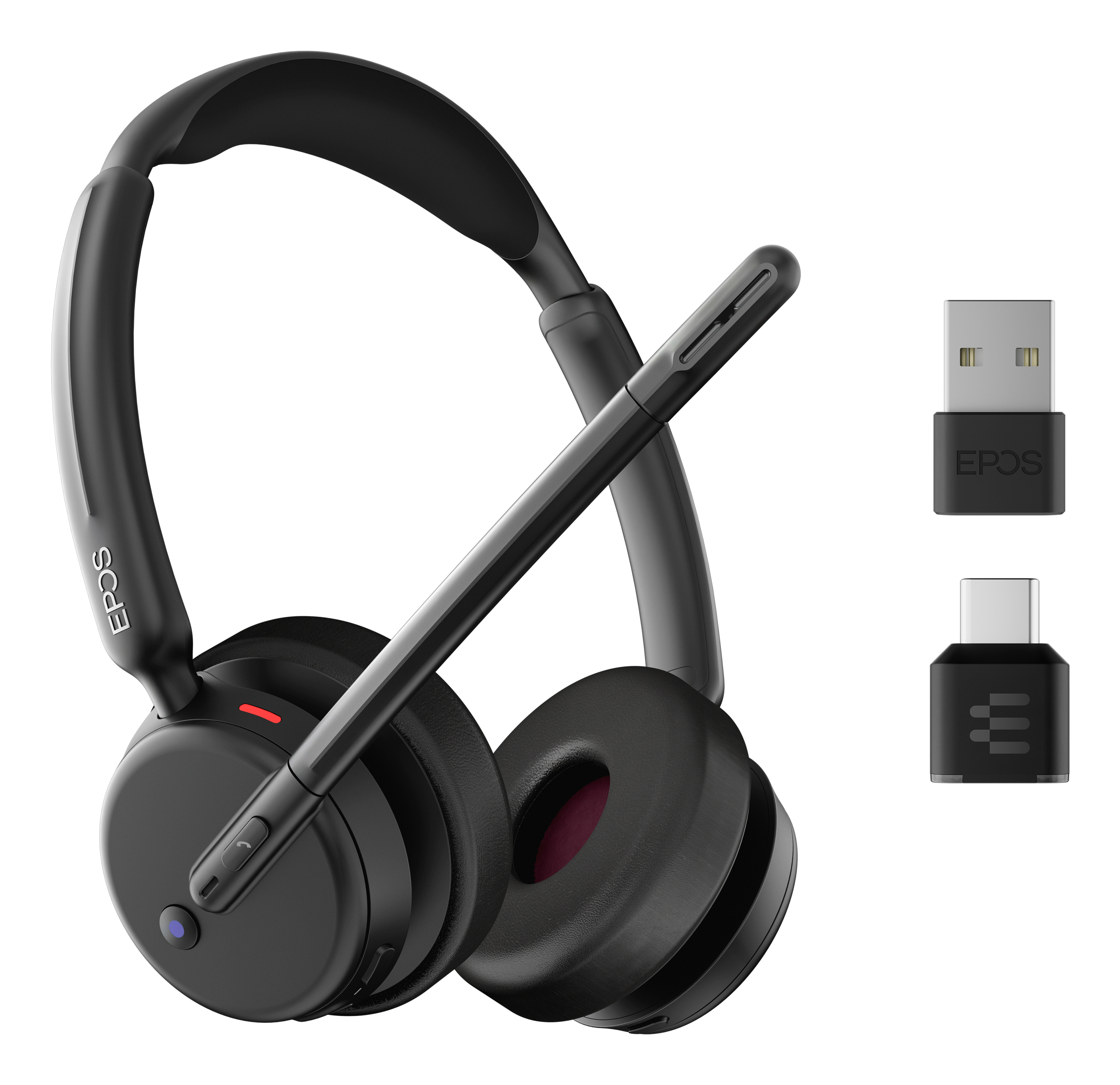 Cuffie EPOS nere con microfono e due adattatori USB su sfondo bianco. Le cuffie hanno luci rosse e blu.