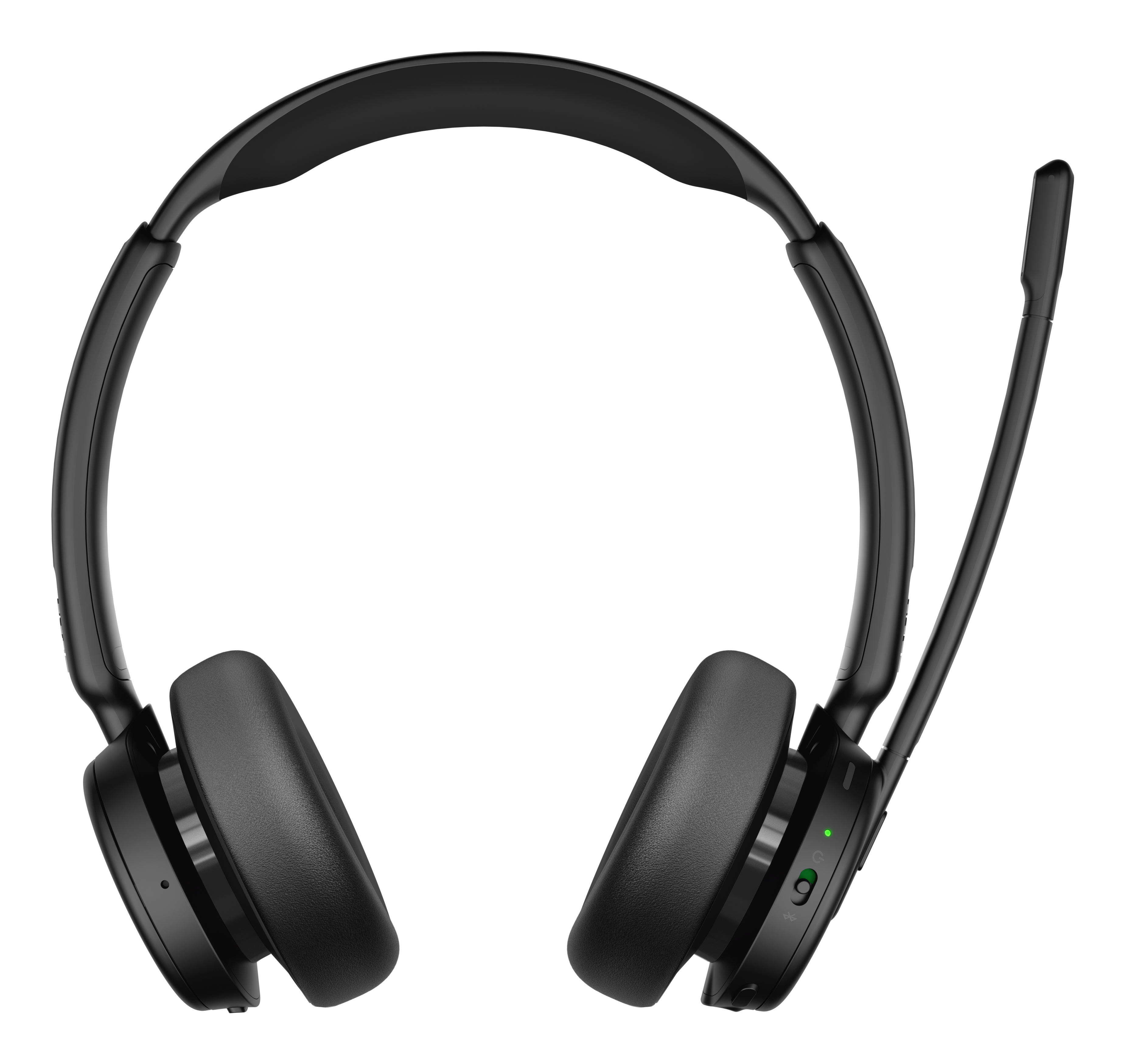 Cuffie nere con microfono. Ha padiglioni e archetto. Il microfono si estende dall'auricolare destro.