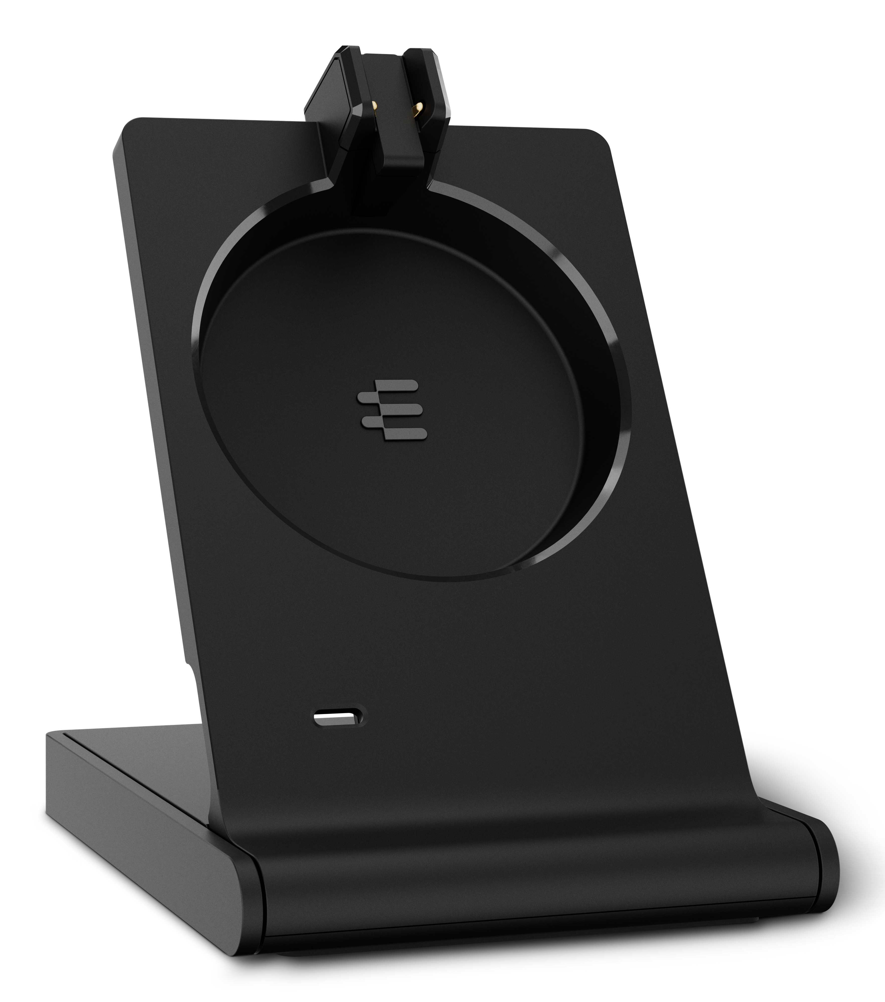 Base di ricarica nera su sfondo bianco. Ha una base arrotondata e uno slot per un dispositivo.