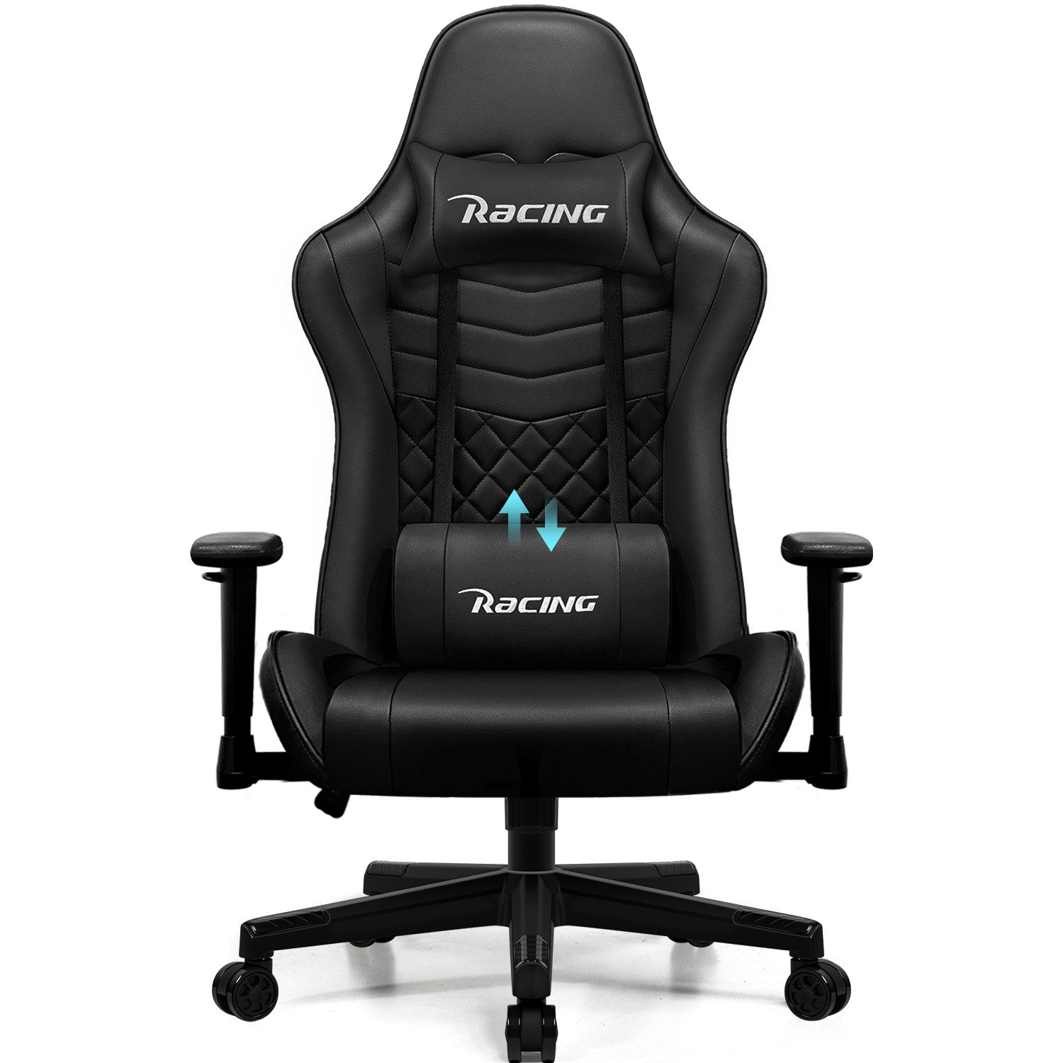 Ein schwarzer Rennstuhl mit Kopf- und Lendenwirbelstütze. Er hat Armlehnen und eine Basis mit Rädern. Das Wort 'RACING' ist sichtbar.