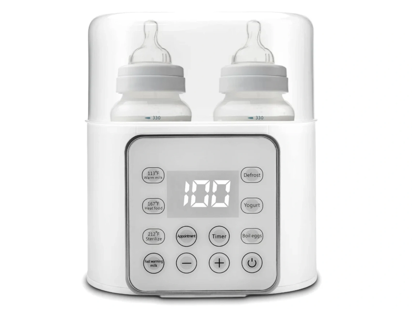Weißer Babyflaschenwärmer mit zwei Flaschen. Er hat eine Digitalanzeige und Tasten für verschiedene Funktionen.