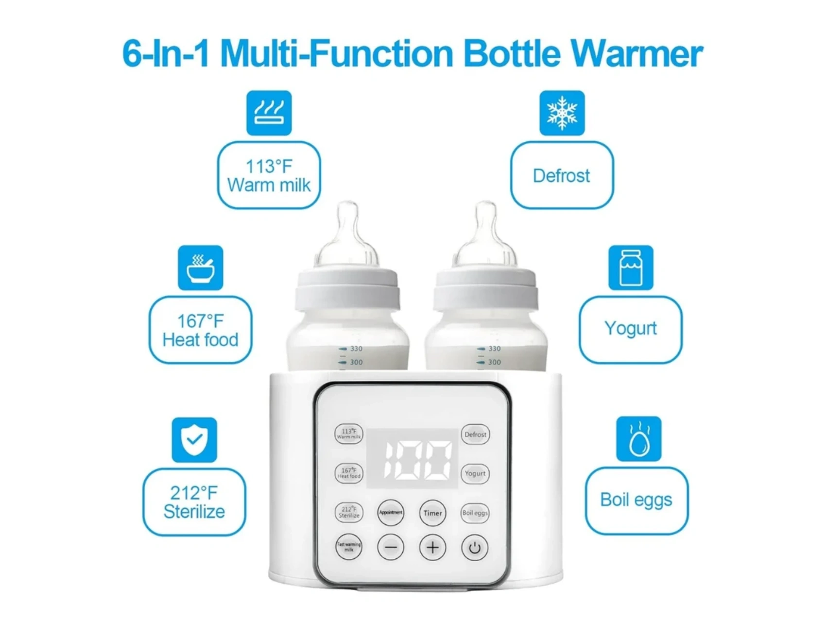 Ein weißer 6-in-1-Flaschenwärmer mit zwei Flaschen, einem Digitaldisplay und Symbolen zum Erwärmen von Milch, Auftauen usw.
