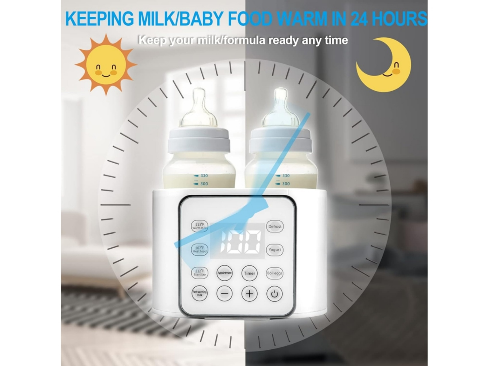 Ein Babyflaschenwärmer mit zwei Flaschen, einem uhrähnlichen Design mit Sonnen- und Mondsymbolen und Bedienelementen.