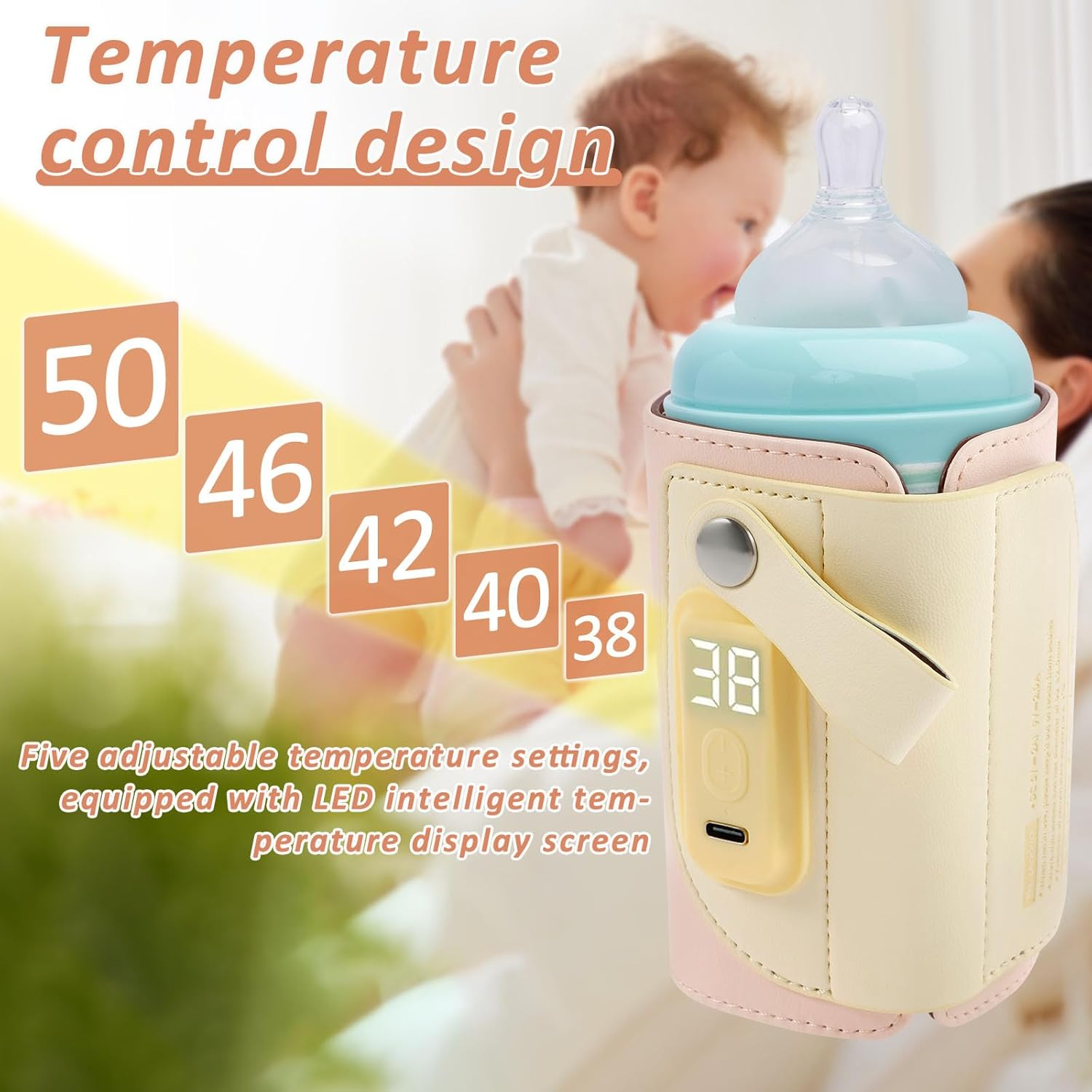 Ein Babyflaschenwärmer mit Temperatureinstellungen. Ein Baby und eine Frau sind im Hintergrund.