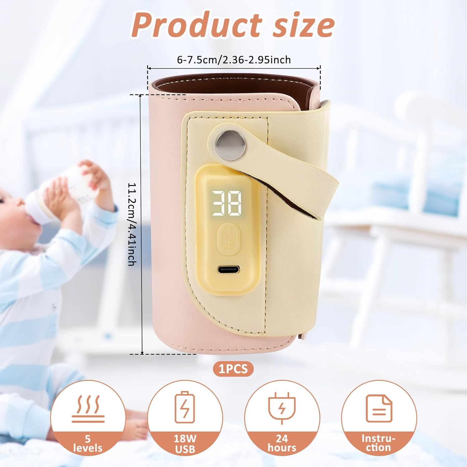 Ein Babyflaschenwärmer mit Abmessungen. Baby trinkt aus einer Flasche. Symbole zeigen Funktionen wie 5 Stufen und 18W USB.