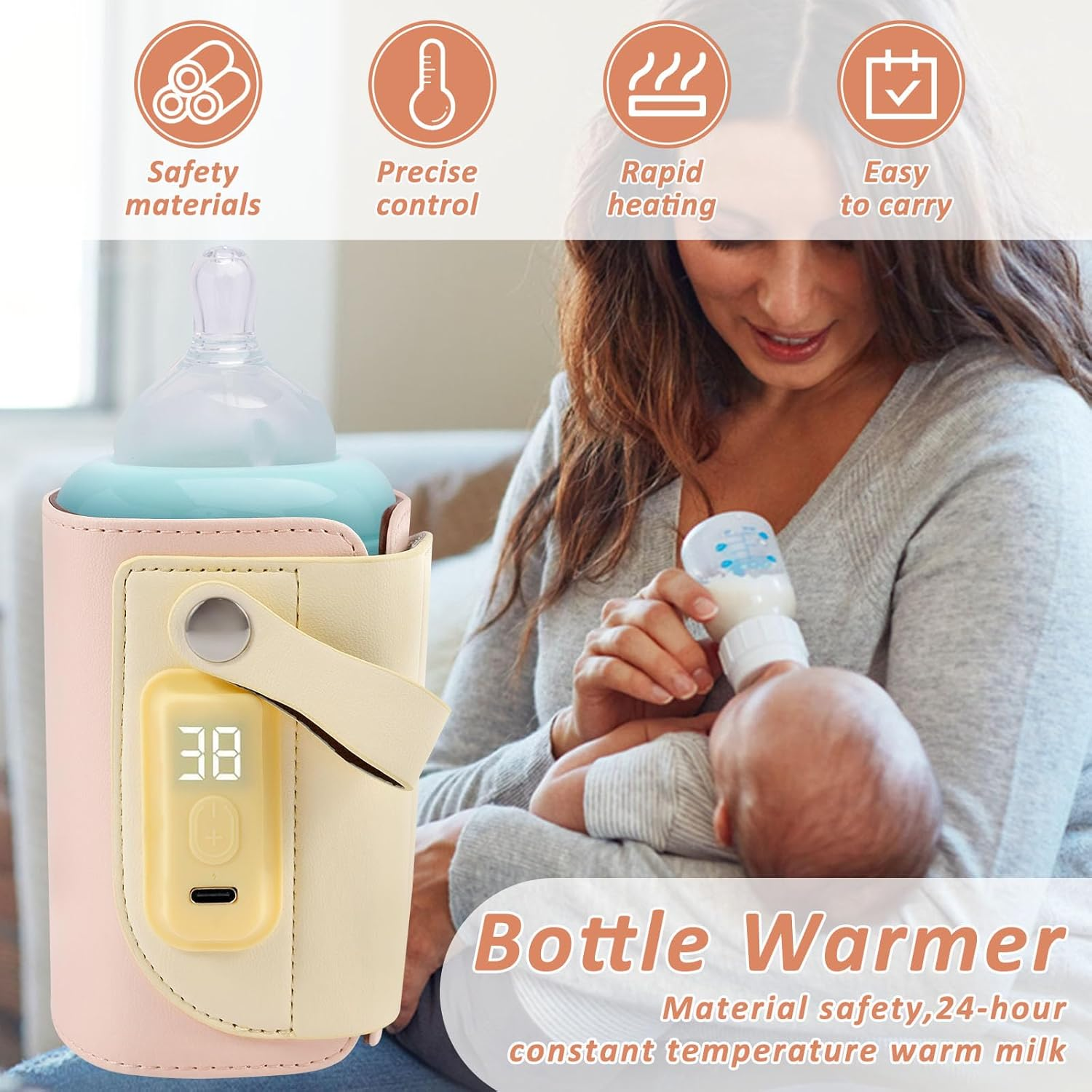 Eine Frau hält ein Baby und füttert es mit Milch aus einer Flasche. Im Vordergrund befindet sich ein Flaschenwärmer mit Digitalanzeige.