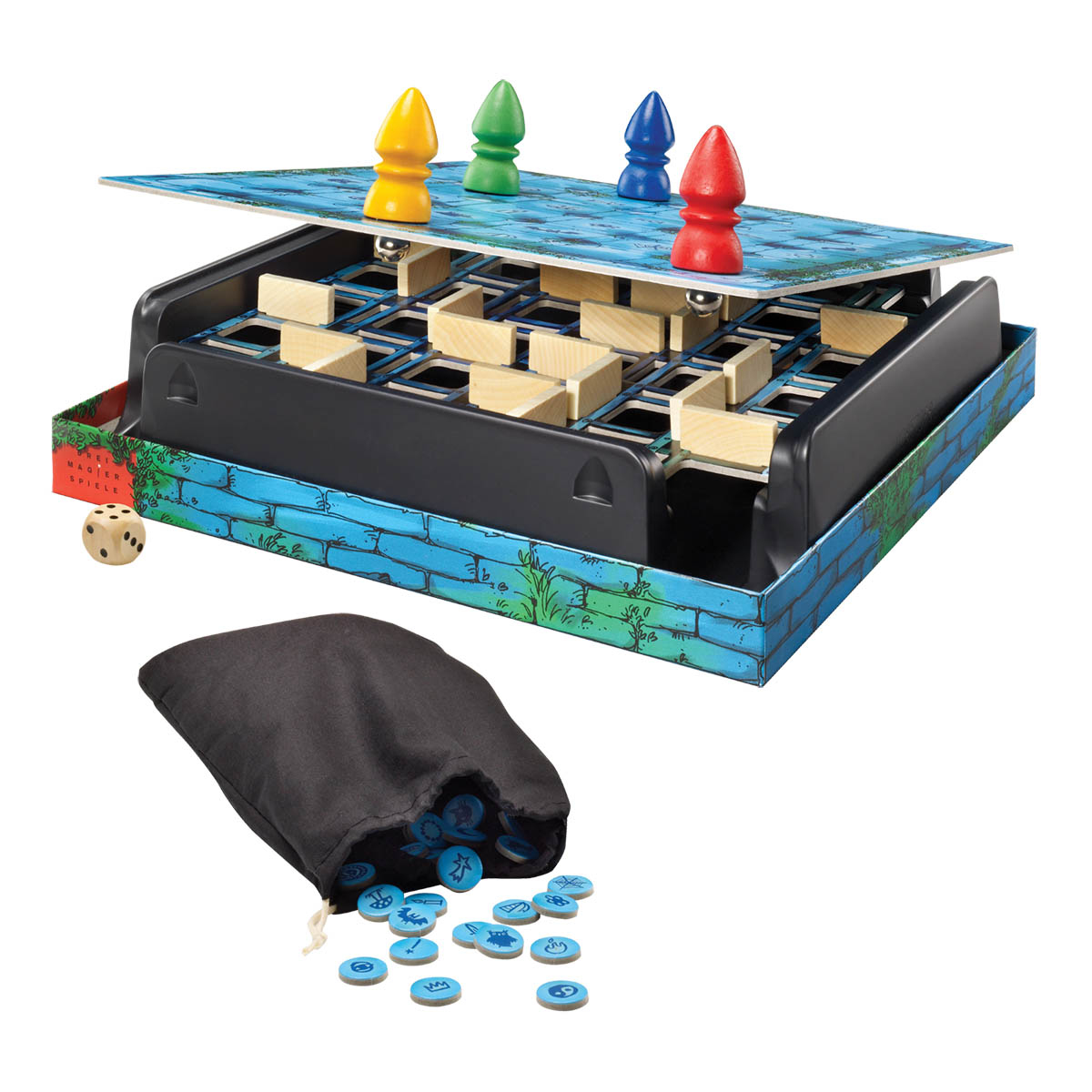 Ein Brettspiel mit farbigen Stiften, Holzblöcken, Würfeln, einem Beutel mit Spielsteinen und einer blauen, ziegelartigen Basis.
