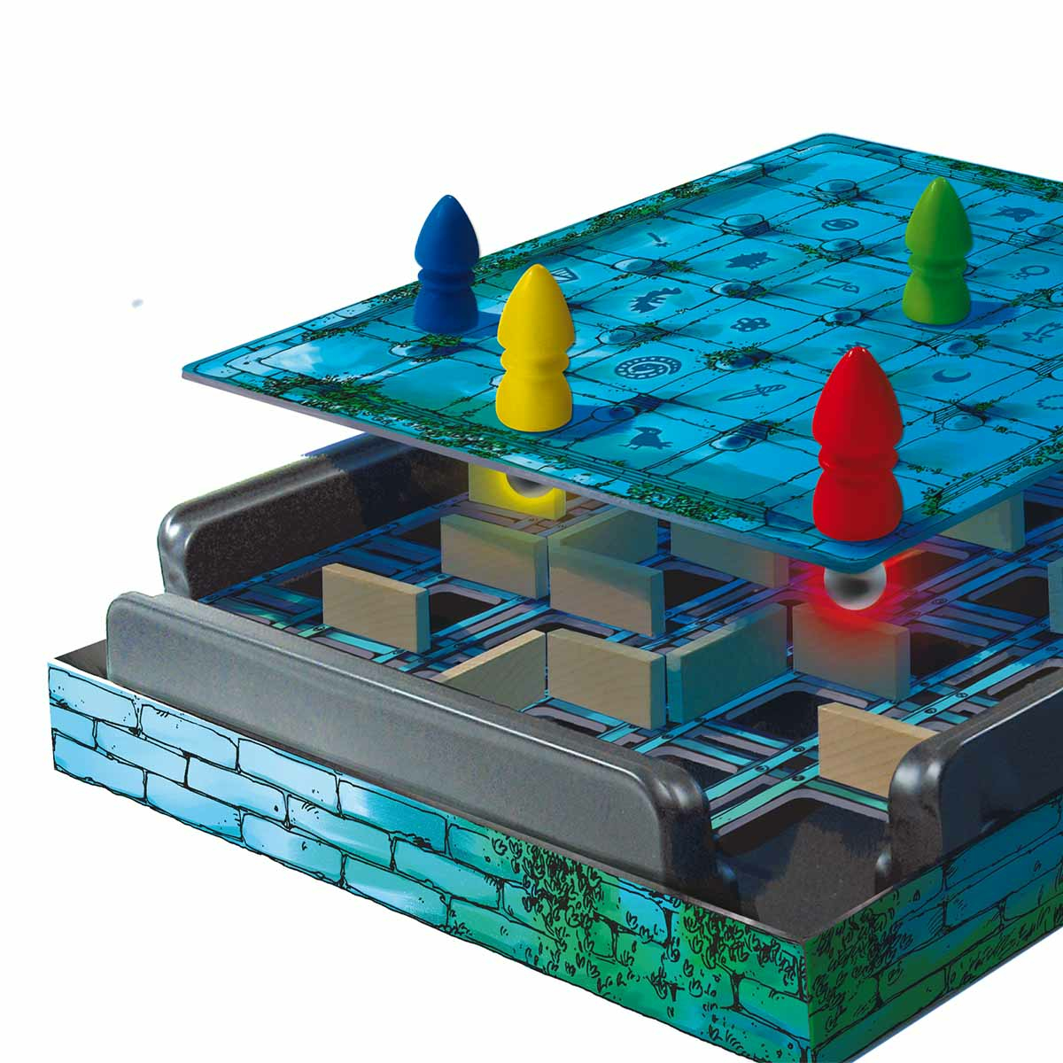 Ein Brettspiel mit blauem und grünem Brett. Vier farbige Figuren (blau, gelb, grün, rot) stehen auf der obersten Ebene. Die untere Ebene hat Holzblöcke.