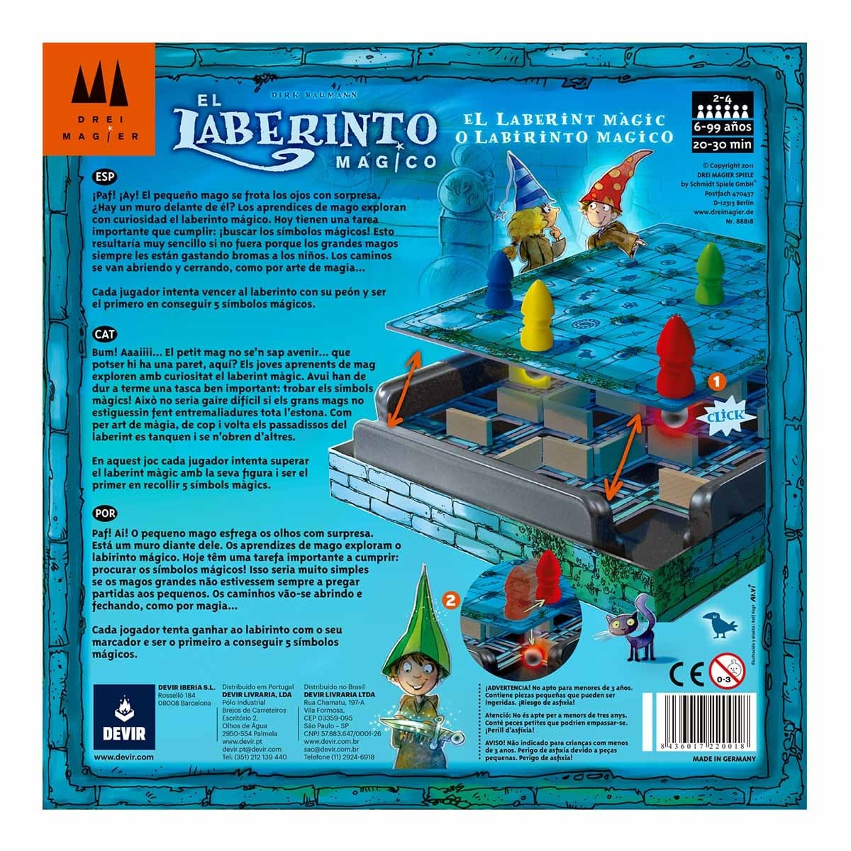 Brettspielbox, mit Zwergen und Labyrinth. Text in mehreren Sprachen, Spieltitel und Altersspanne.
