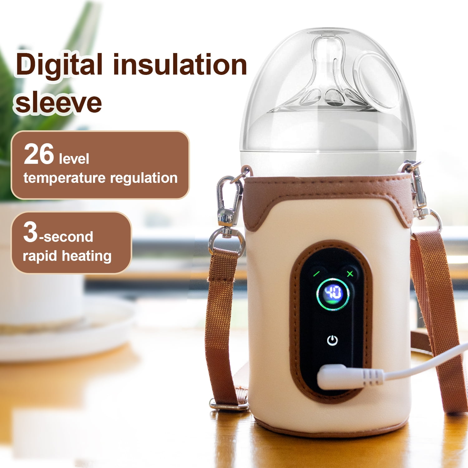 Ein isolierter Babyflaschenwärmer. Er hat ein digitales Display, einen braunen Gurt und ist mit einem Ladekabel verbunden.