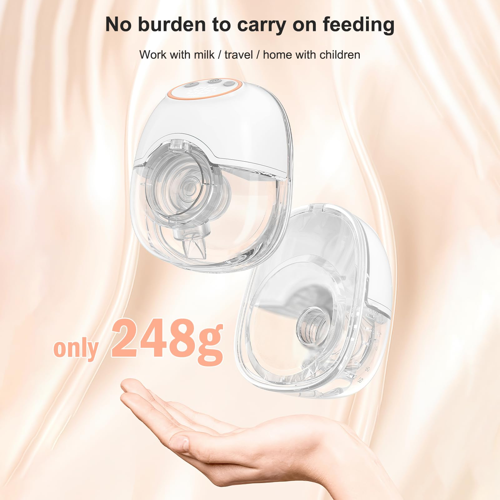Das Bild zeigt zwei transparente Brustpumpen mit dem Text: 'No burden to carry on feeding' und 'only 248g'.