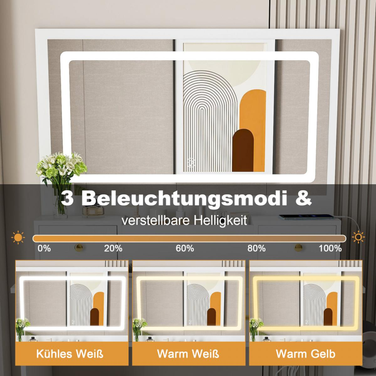 Ein Spiegel mit drei Beleuchtungsmodi, die verschiedene Lichtfarben zeigen. Die Helligkeit ist von 0% bis 100% einstellbar.