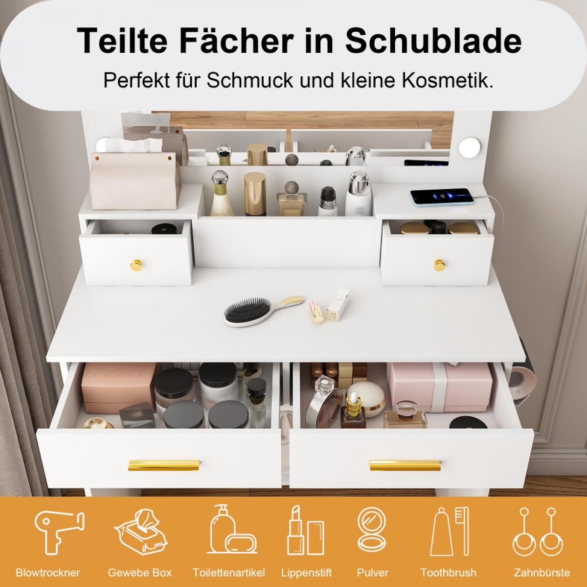 Ein weißer Schminktisch mit Schubladen, Spiegeln und verschiedenen Kosmetika. Enthält eine Taschentuchbox, Parfümflaschen und Make-up-Artikel.